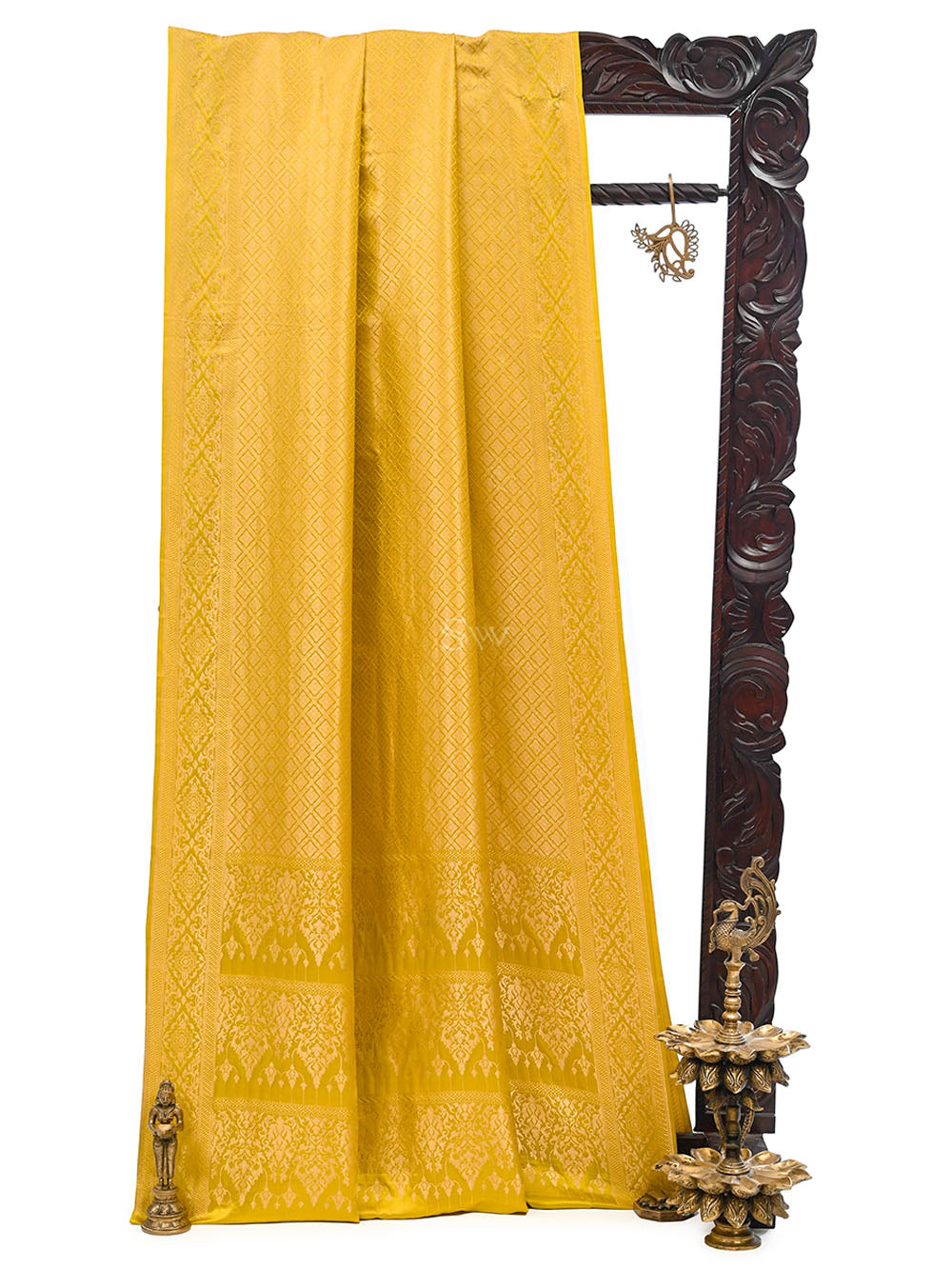 Mustard Satin Brocade Handloom Banarasi Saree - Sacred Weaves