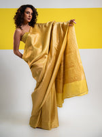 Yellow Green Satin Brocade Handloom Banarasi Saree - Sacred Weaves