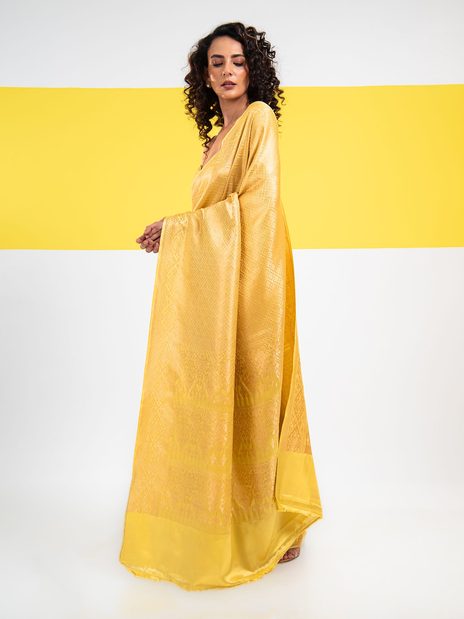 Yellow Green Satin Brocade Handloom Banarasi Saree - Sacred Weaves