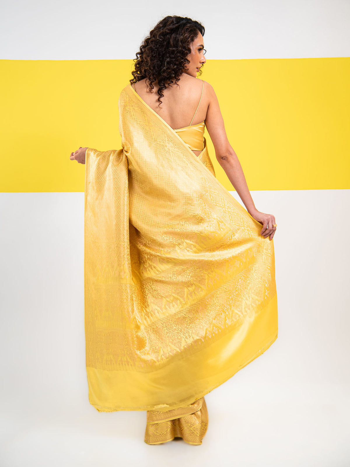 Yellow Green Satin Brocade Handloom Banarasi Saree - Sacred Weaves
