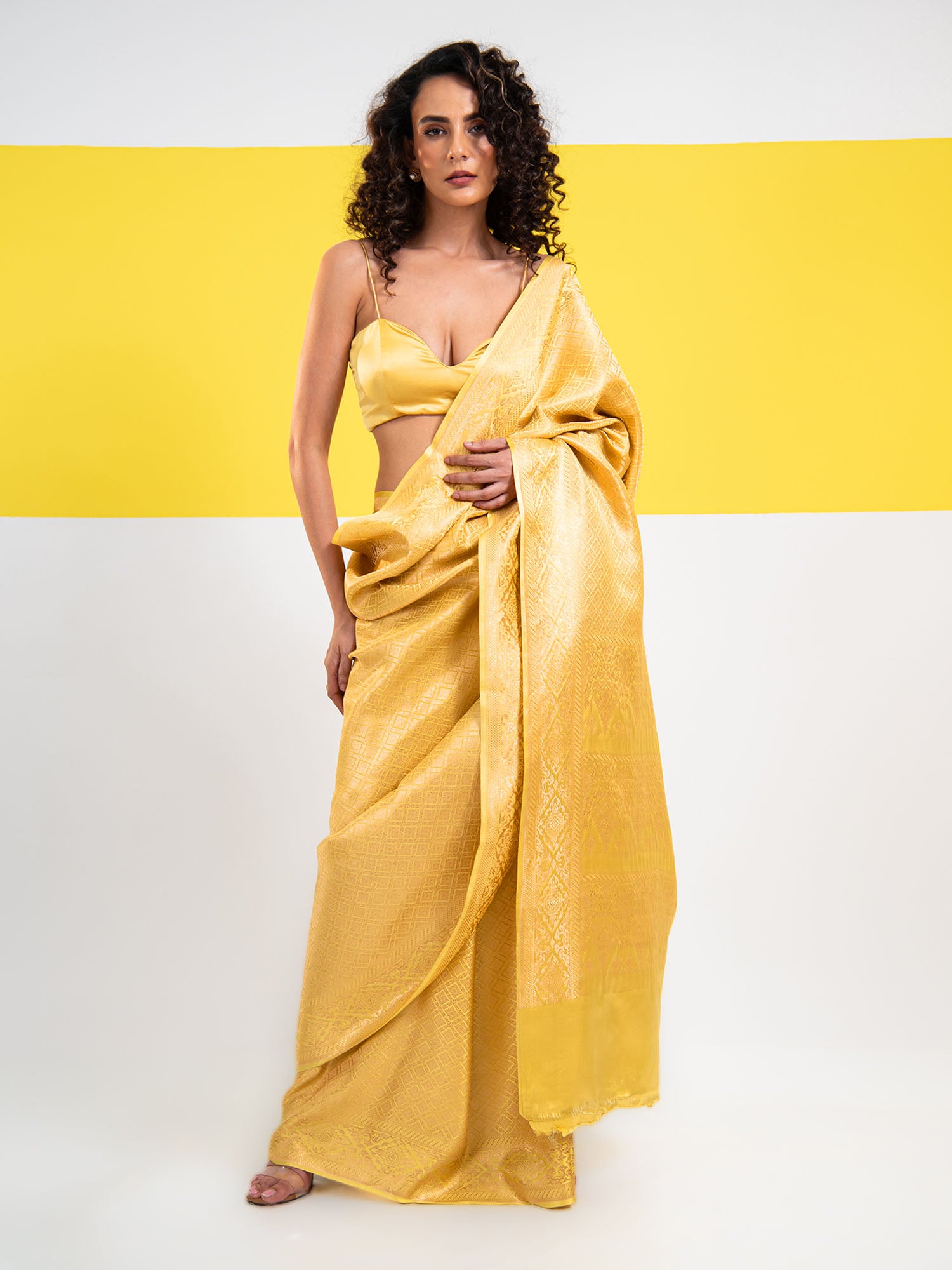 Yellow Green Satin Brocade Handloom Banarasi Saree - Sacred Weaves