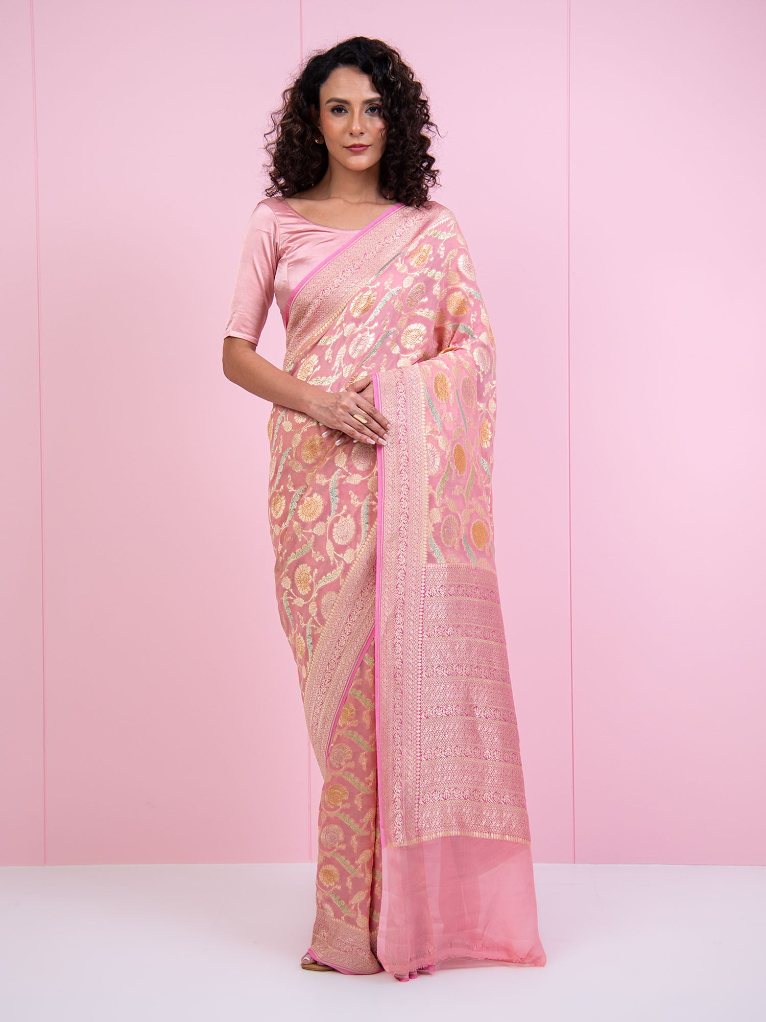 Pastel Pink Rangkat Jaal Khaddi Georgette Handloom Banarasi Saree - Sacred Weaves
