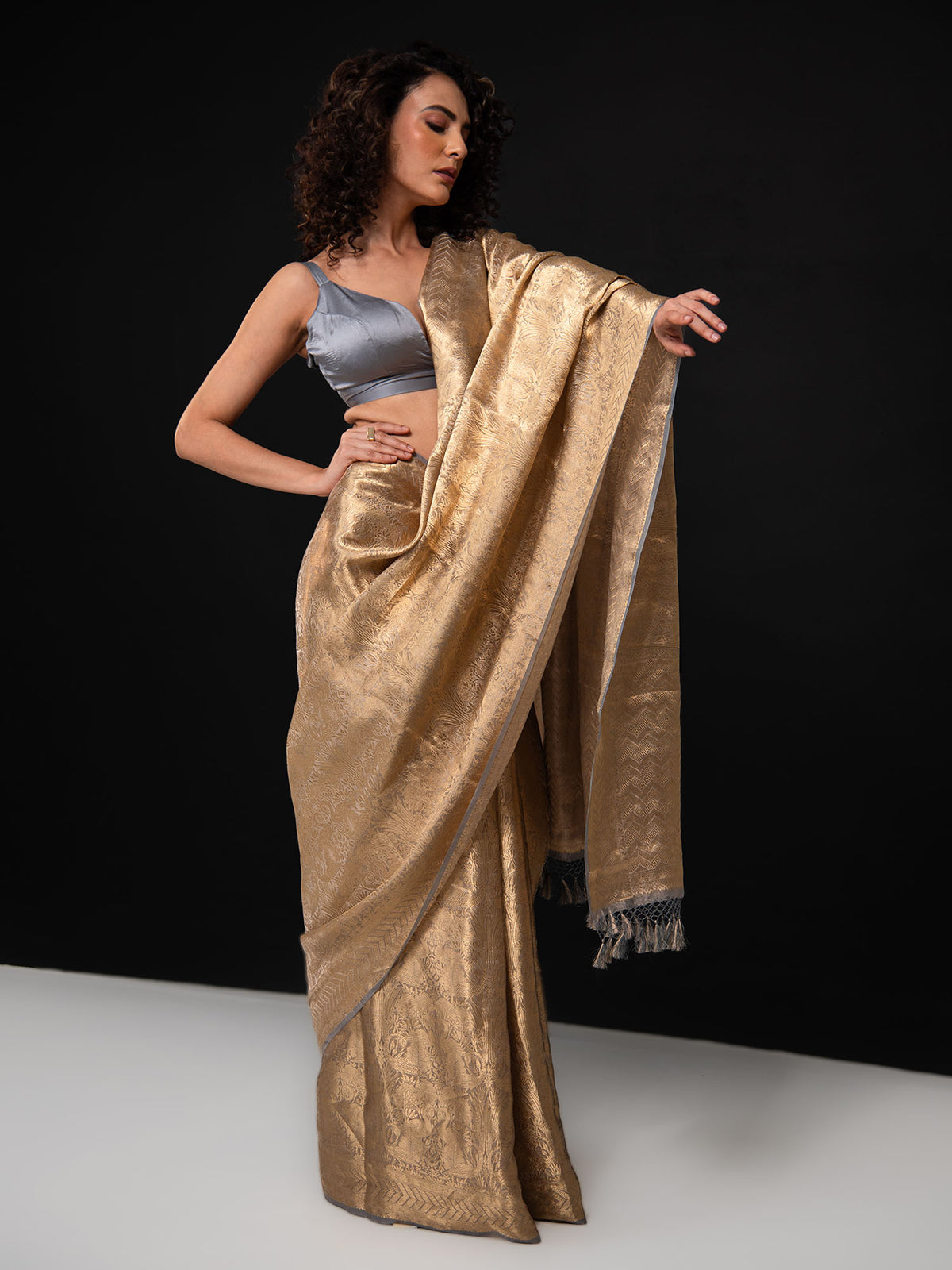 Grey Tissue Brocade Handloom Banarasi Saree - Sacred Weaves