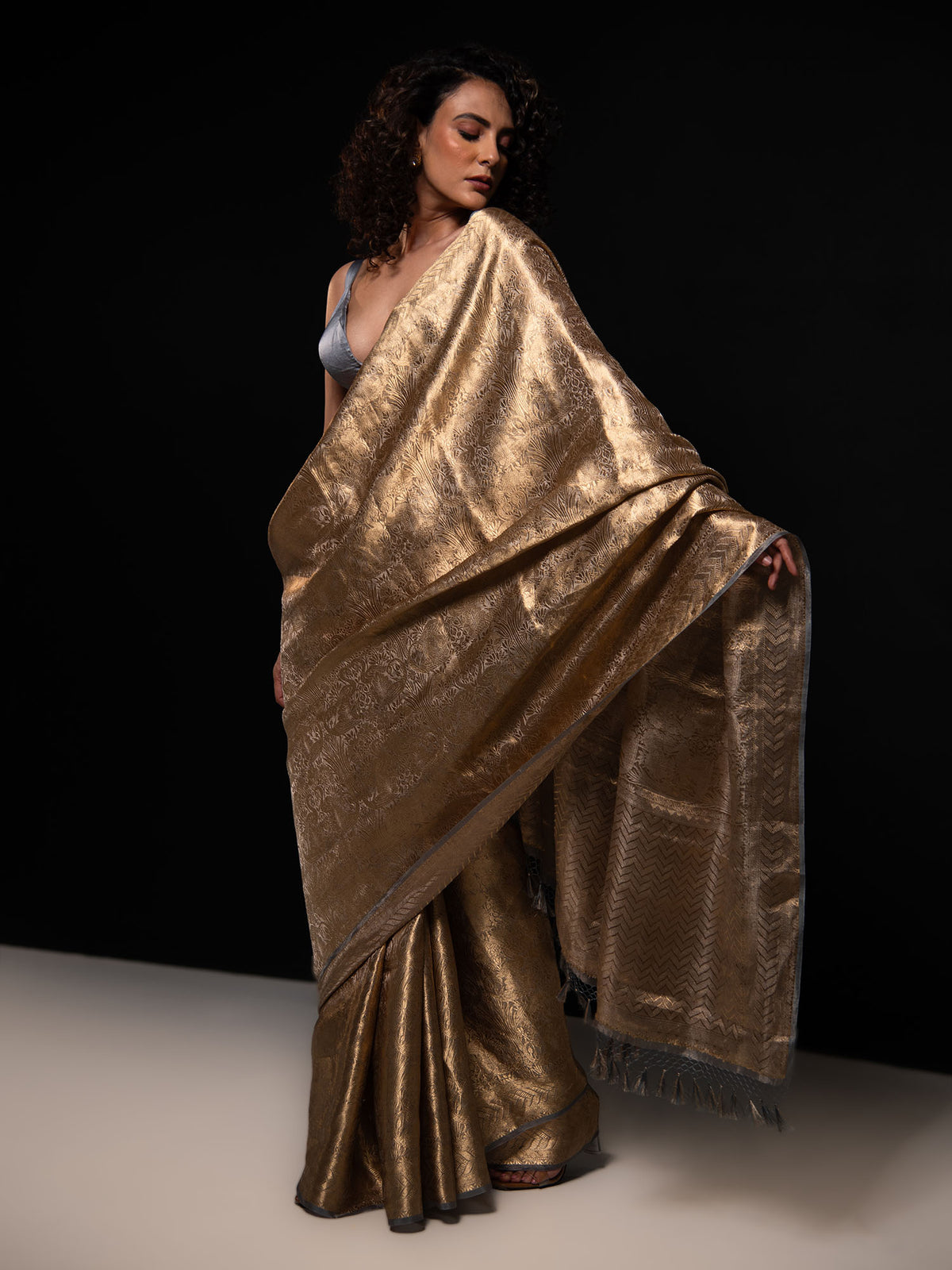 Grey Tissue Brocade Handloom Banarasi Saree - Sacred Weaves