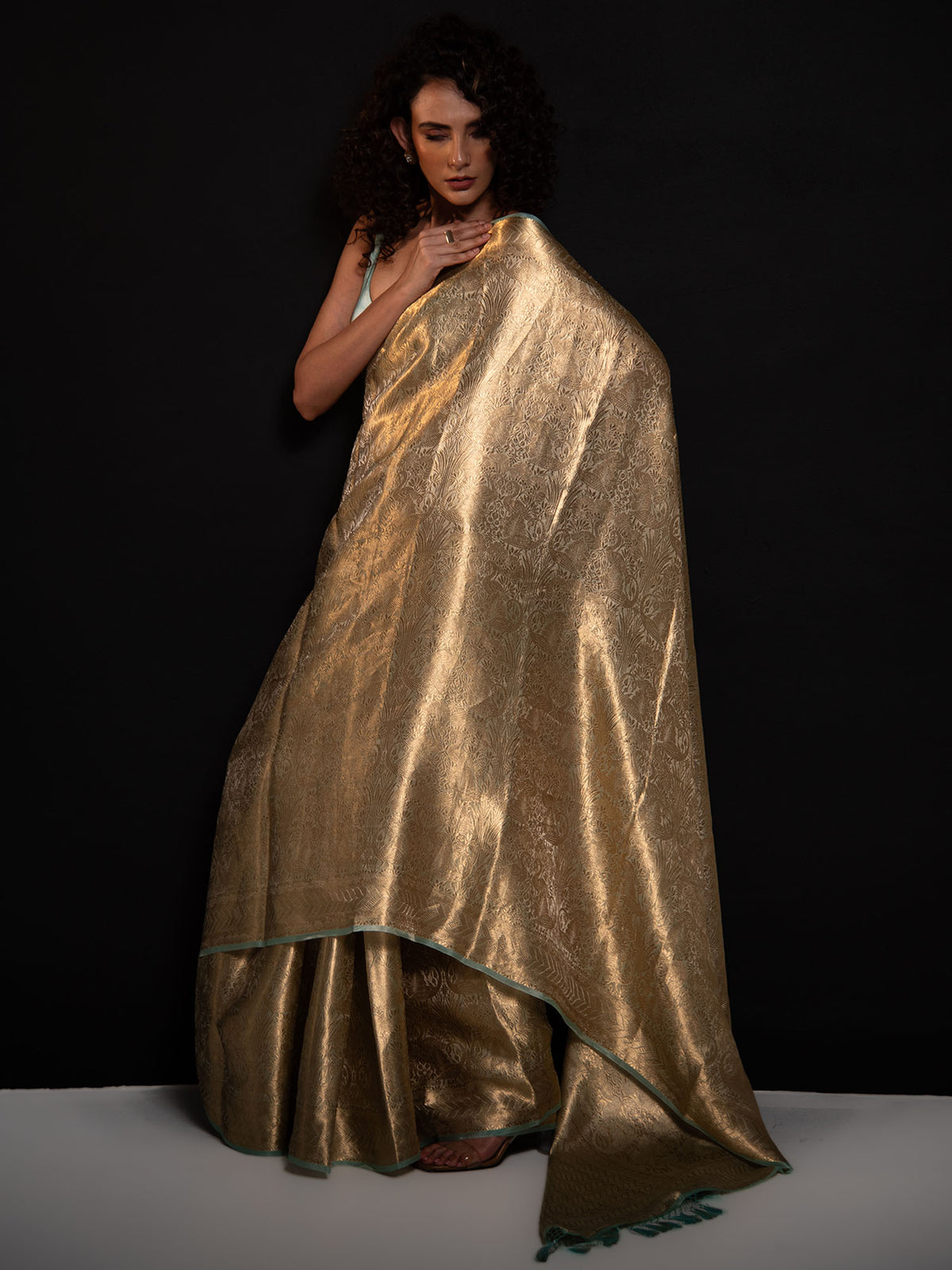 Aqua Green Tissue Brocade Handloom Banarasi Saree -Sacred Weaves