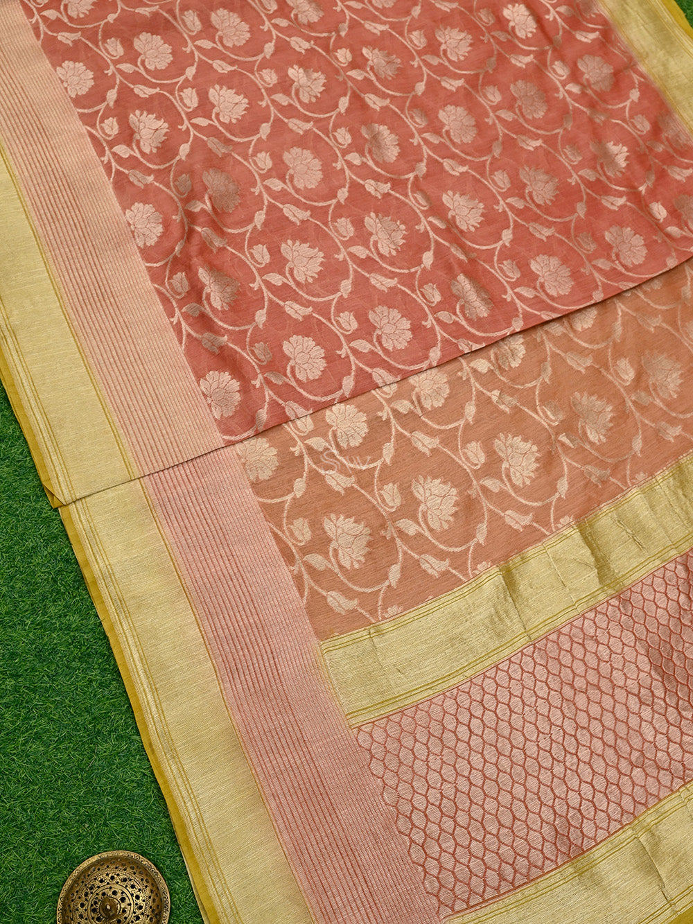 Pastel Orange Jaal Moonga Silk Handloom Banarasi Saree - Sacred Weaves