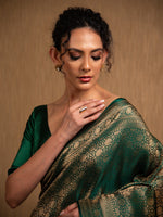 Bottle Green Satin Brocade Handloom Banarasi Saree - Sacred Weaves