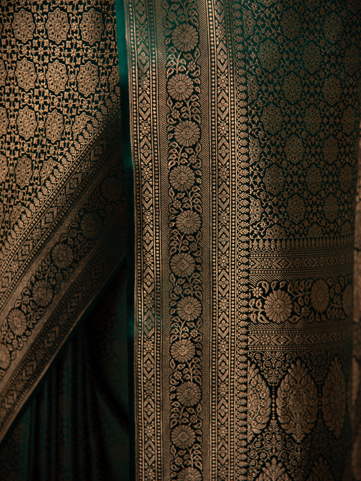 Bottle Green Satin Brocade Handloom Banarasi Saree - Sacred Weaves