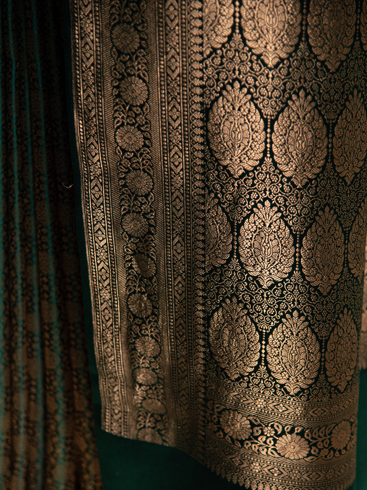 Bottle Green Satin Brocade Handloom Banarasi Saree - Sacred Weaves