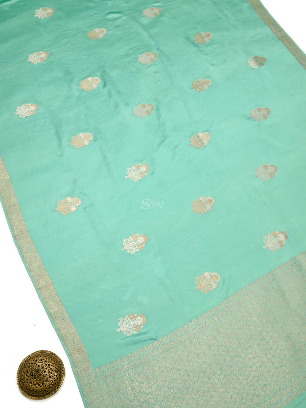Sea Green Sona Roopa Boota Satin Silk Handloom Banarasi Saree - Sacred Weaves