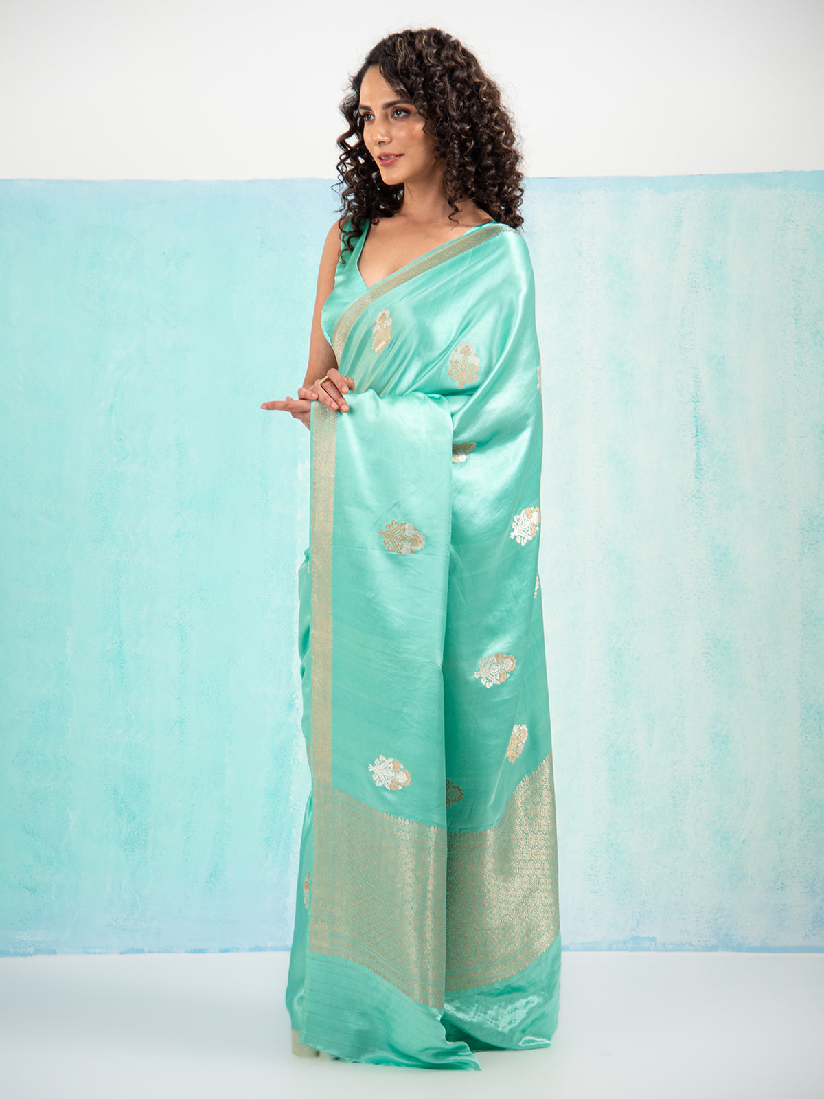 Sea Green Sona Roopa Boota Satin Silk Handloom Banarasi Saree - Sacred Weaves