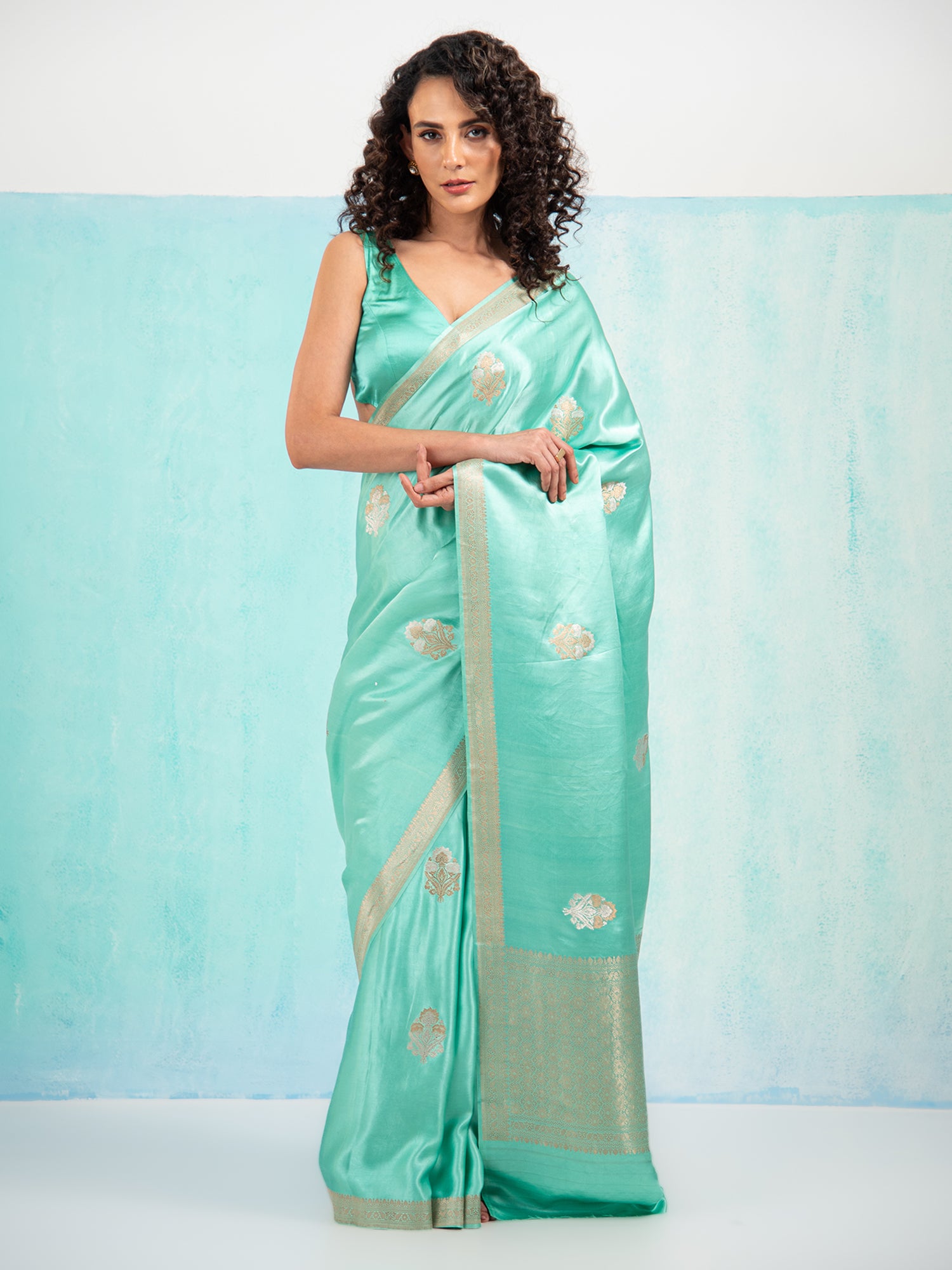 Sea Green Sona Roopa Boota Satin Silk Handloom Banarasi Saree - Sacred Weaves