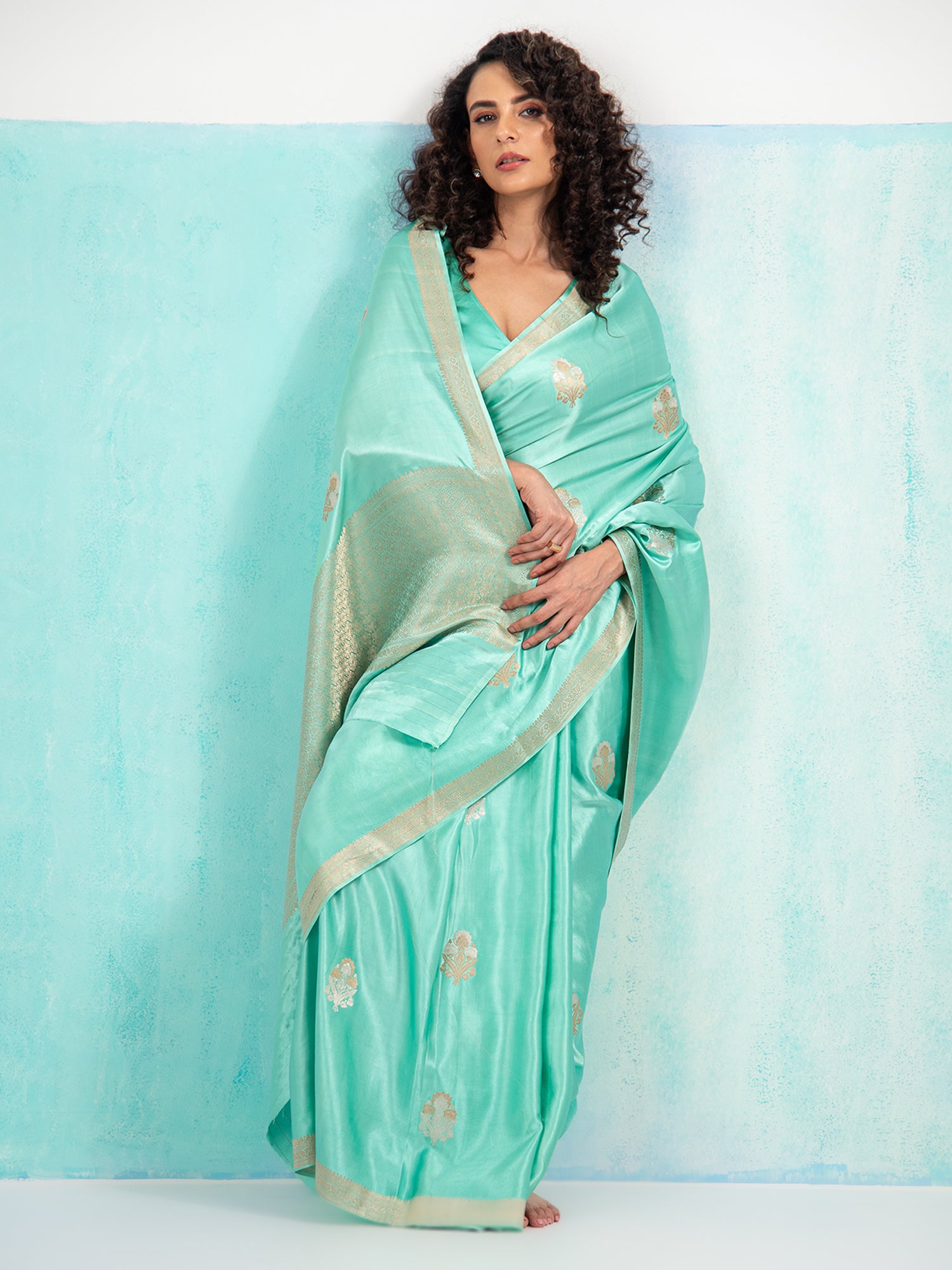 Sea Green Sona Roopa Boota Satin Silk Handloom Banarasi Saree - Sacred Weaves