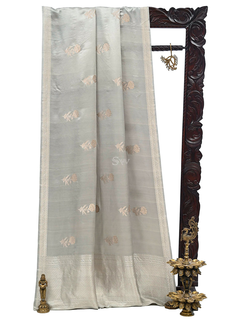 Grey Sona Roopa Boota Satin Silk Handloom Banarasi Saree - Sacred Weaves