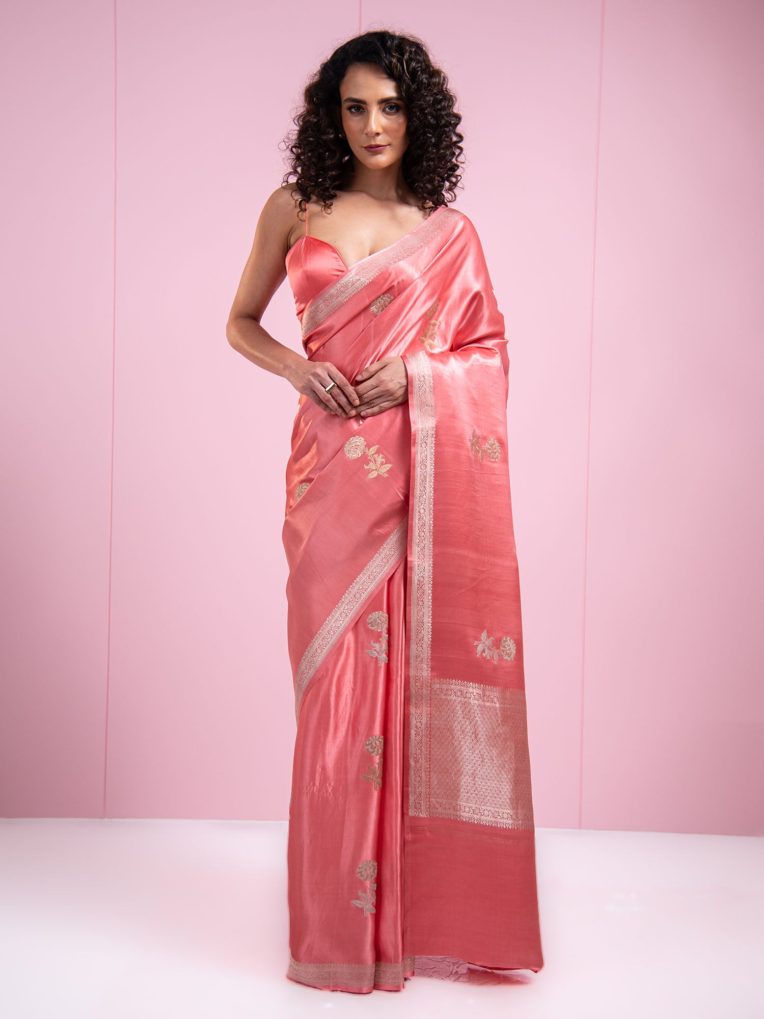 Coral Pink Sona Roopa Boota Satin Silk Handloom Banarasi Saree - Sacred Weaves