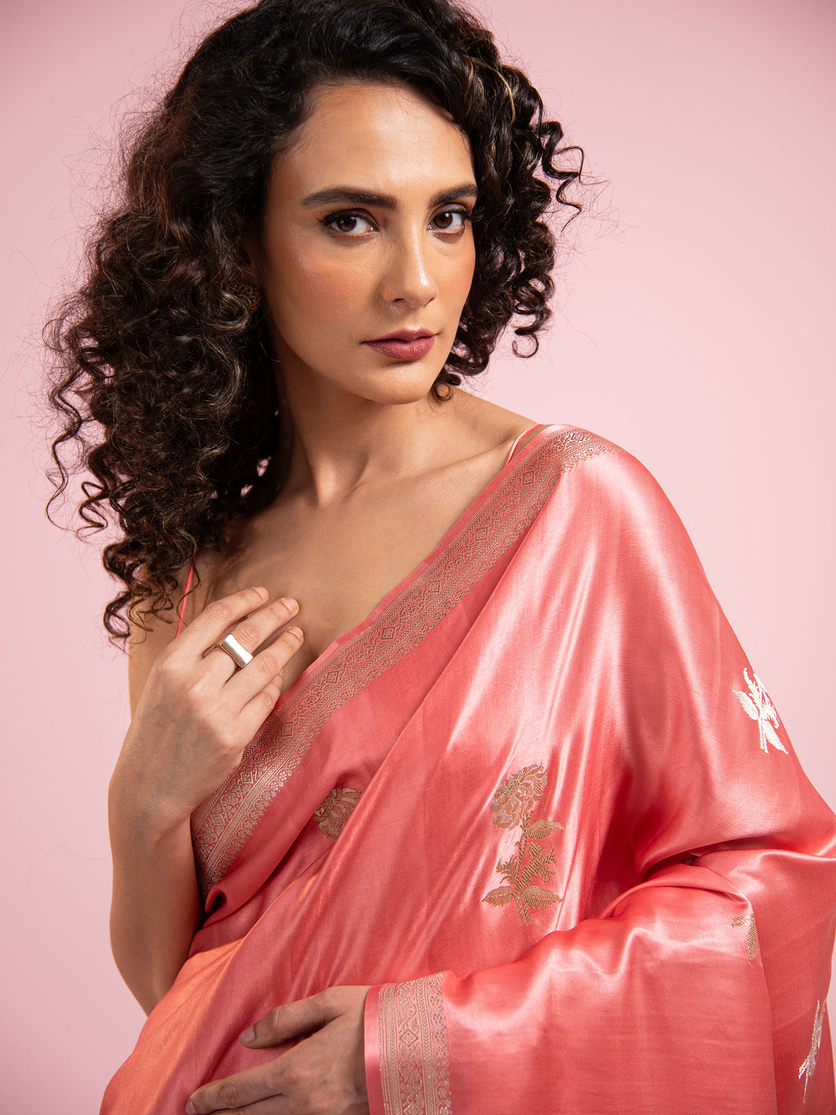 Coral Pink Sona Roopa Boota Satin Silk Handloom Banarasi Saree - Sacred Weaves
