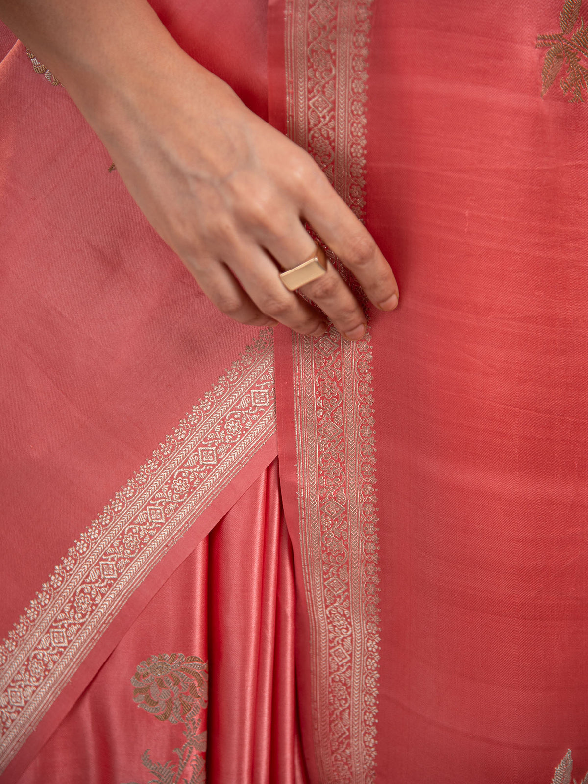 Coral Pink Sona Roopa Boota Satin Silk Handloom Banarasi Saree - Sacred Weaves