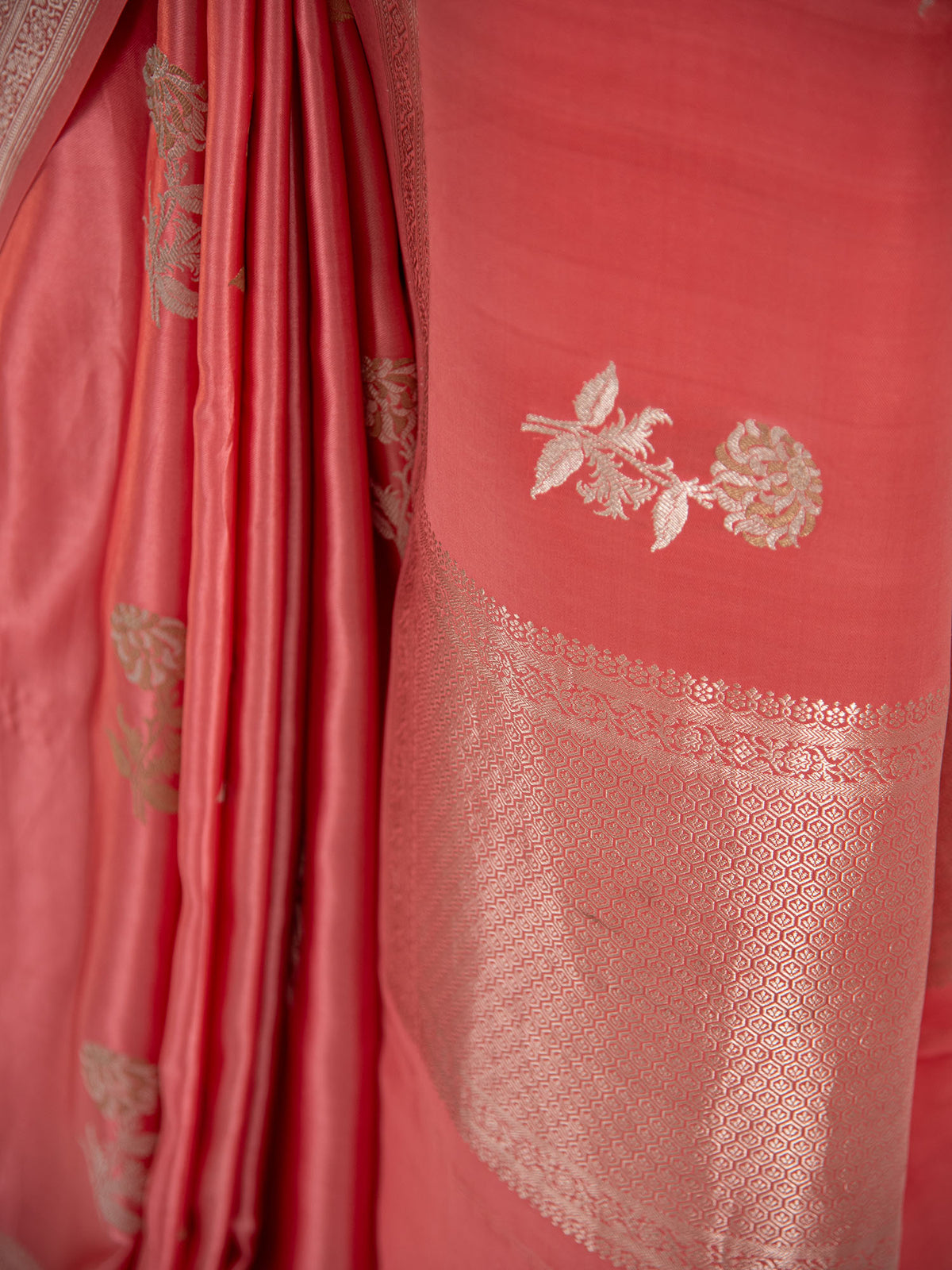 Coral Pink Sona Roopa Boota Satin Silk Handloom Banarasi Saree - Sacred Weaves