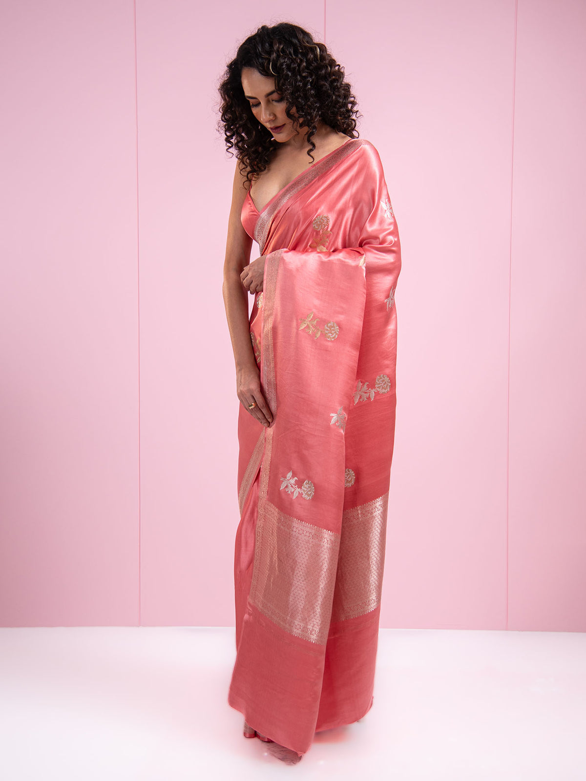 Coral Pink Sona Roopa Boota Satin Silk Handloom Banarasi Saree - Sacred Weaves