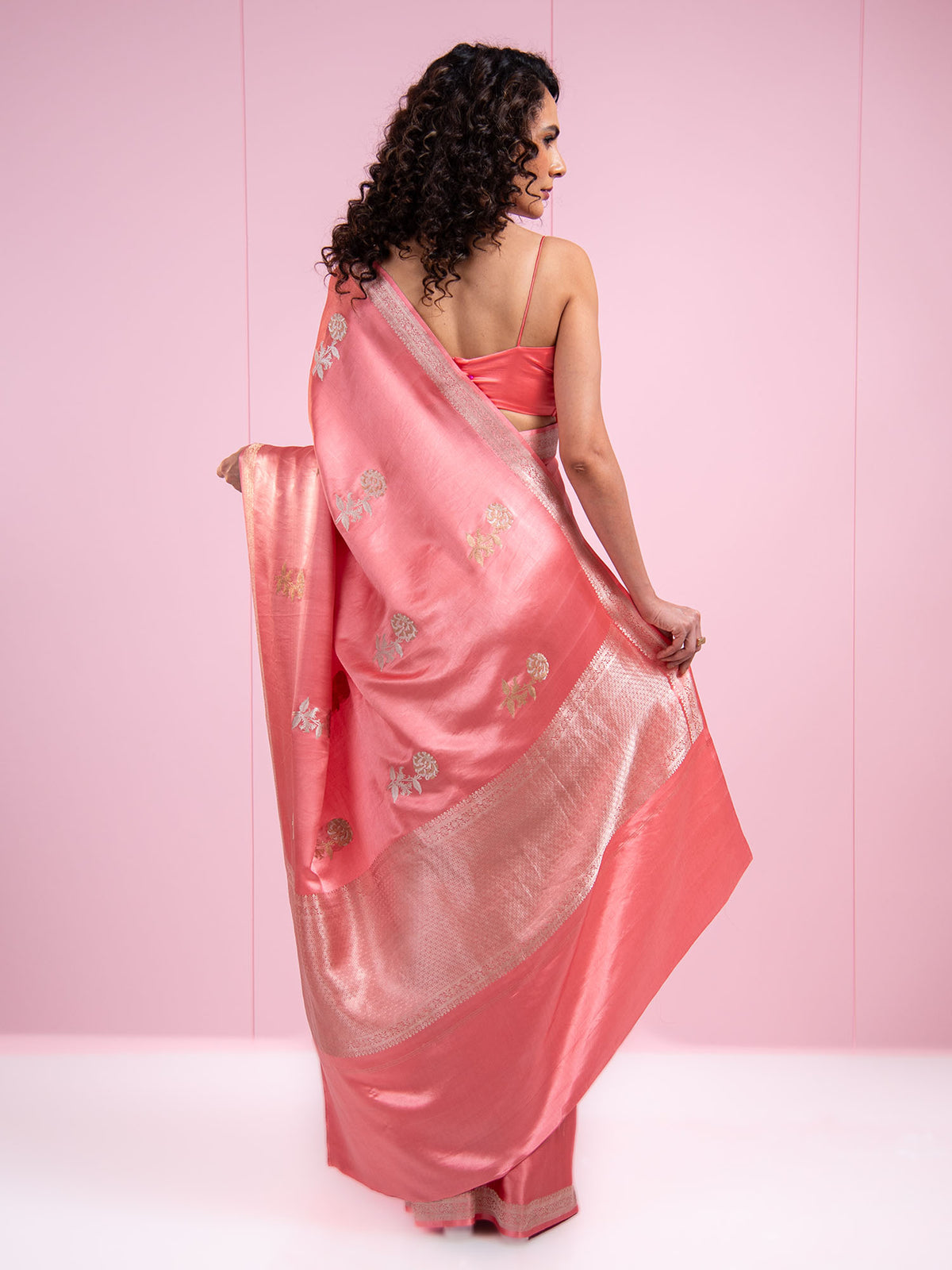 Coral Pink Sona Roopa Boota Satin Silk Handloom Banarasi Saree - Sacred Weaves