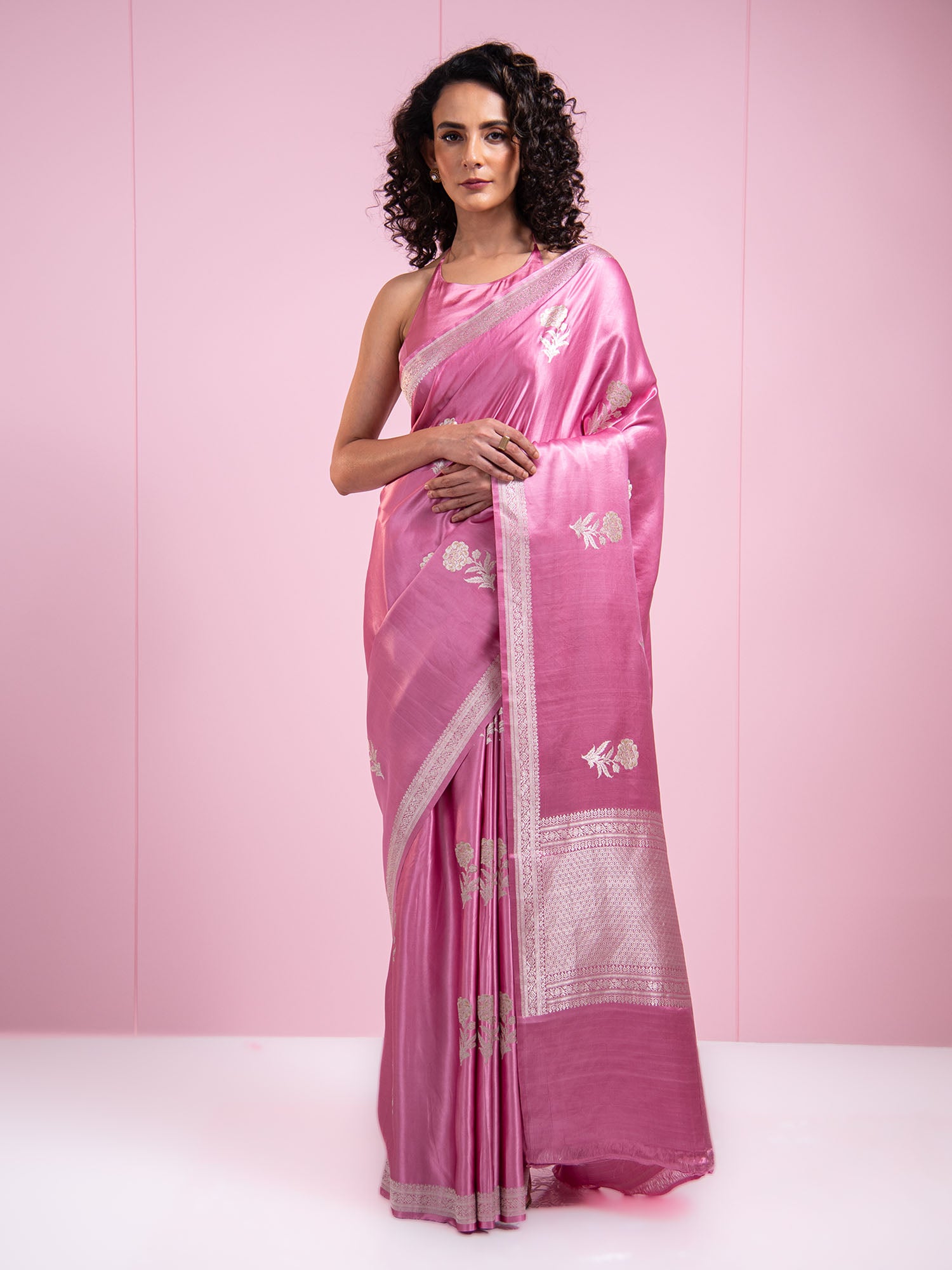 Onion Pink Sona Roopa Boota Satin Silk Handloom Banarasi Saree - Sacred Weaves