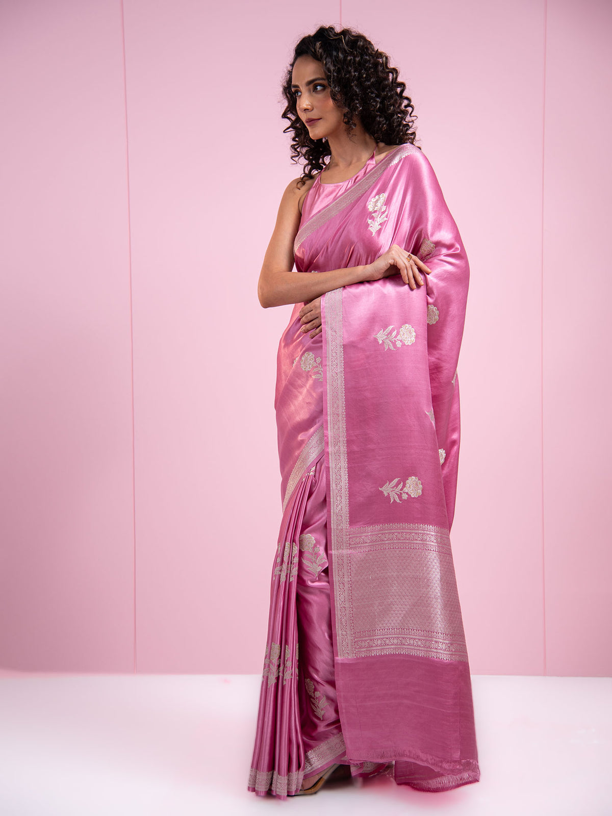 Onion Pink Sona Roopa Boota Satin Silk Handloom Banarasi Saree - Sacred Weaves