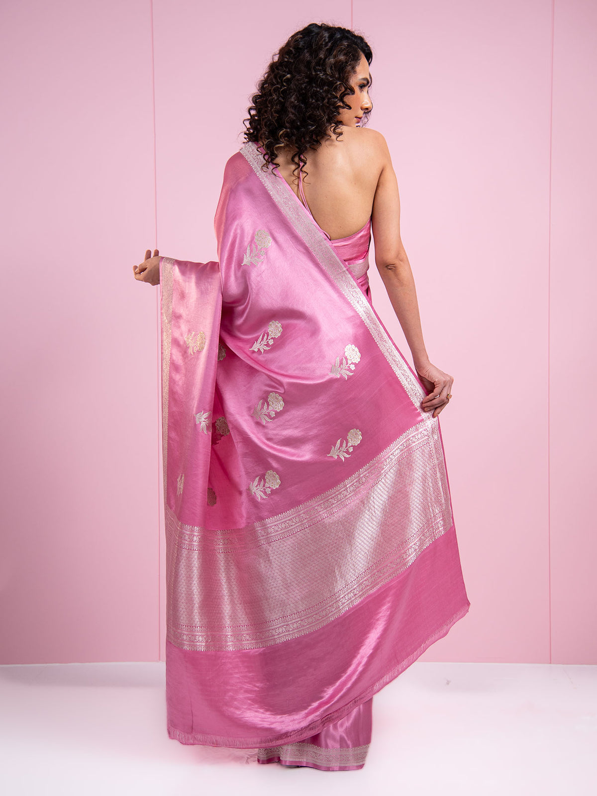 Onion Pink Sona Roopa Boota Satin Silk Handloom Banarasi Saree - Sacred Weaves