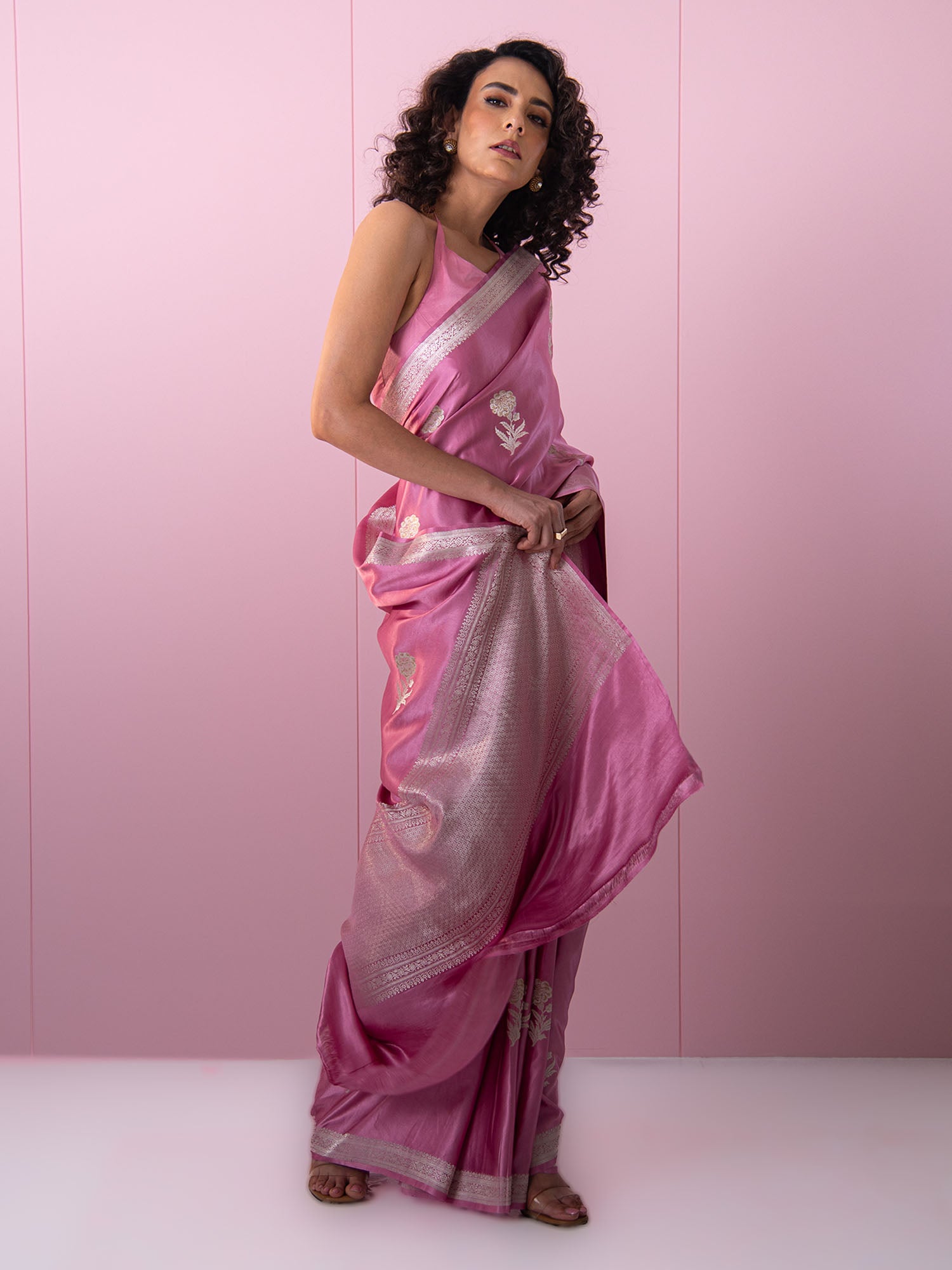 Onion Pink Sona Roopa Boota Satin Silk Handloom Banarasi Saree - Sacred Weaves