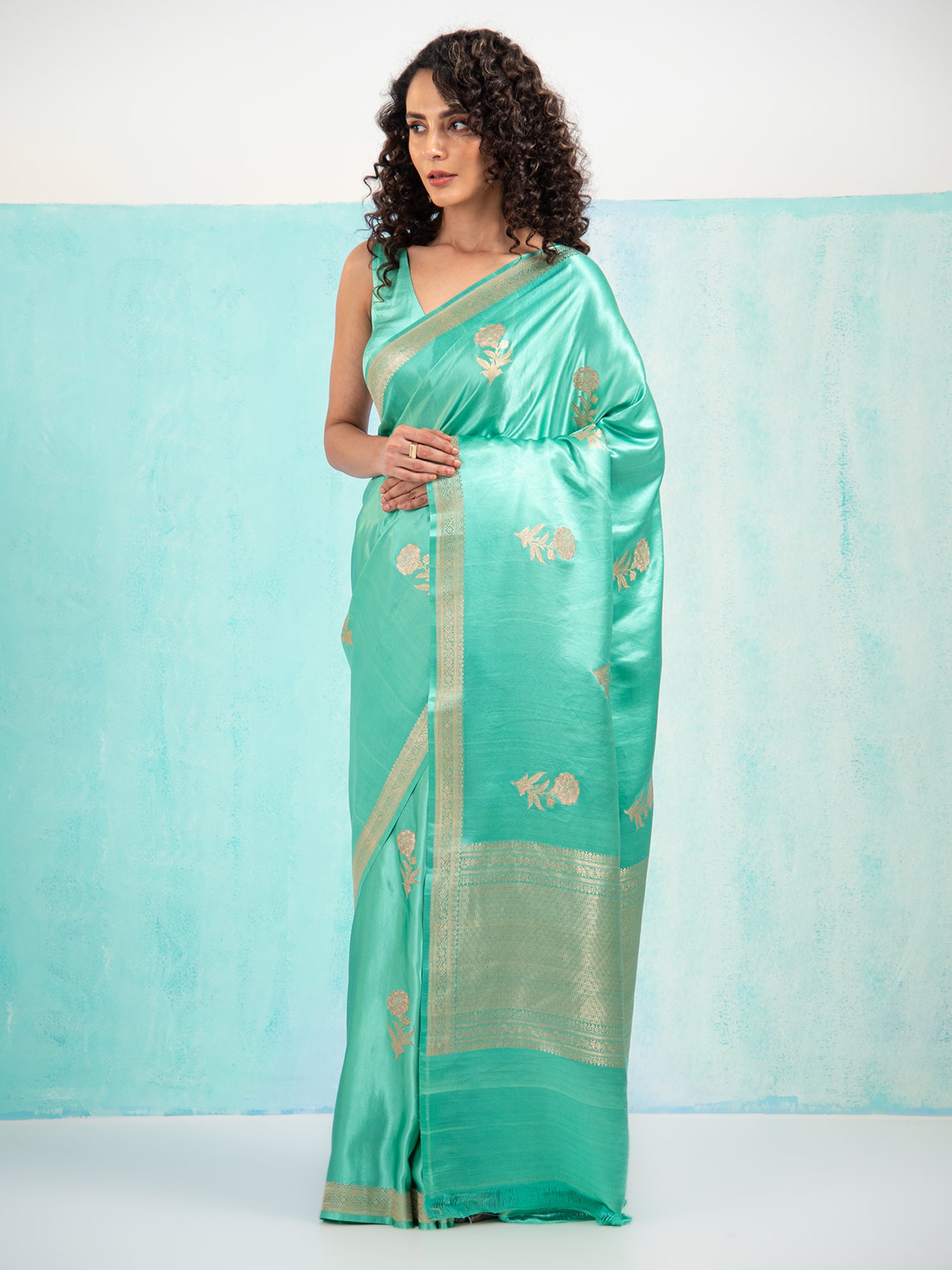 Sea Green Sona Roopa Boota Satin Silk Handloom Banarasi Saree - Sacred Weaves
