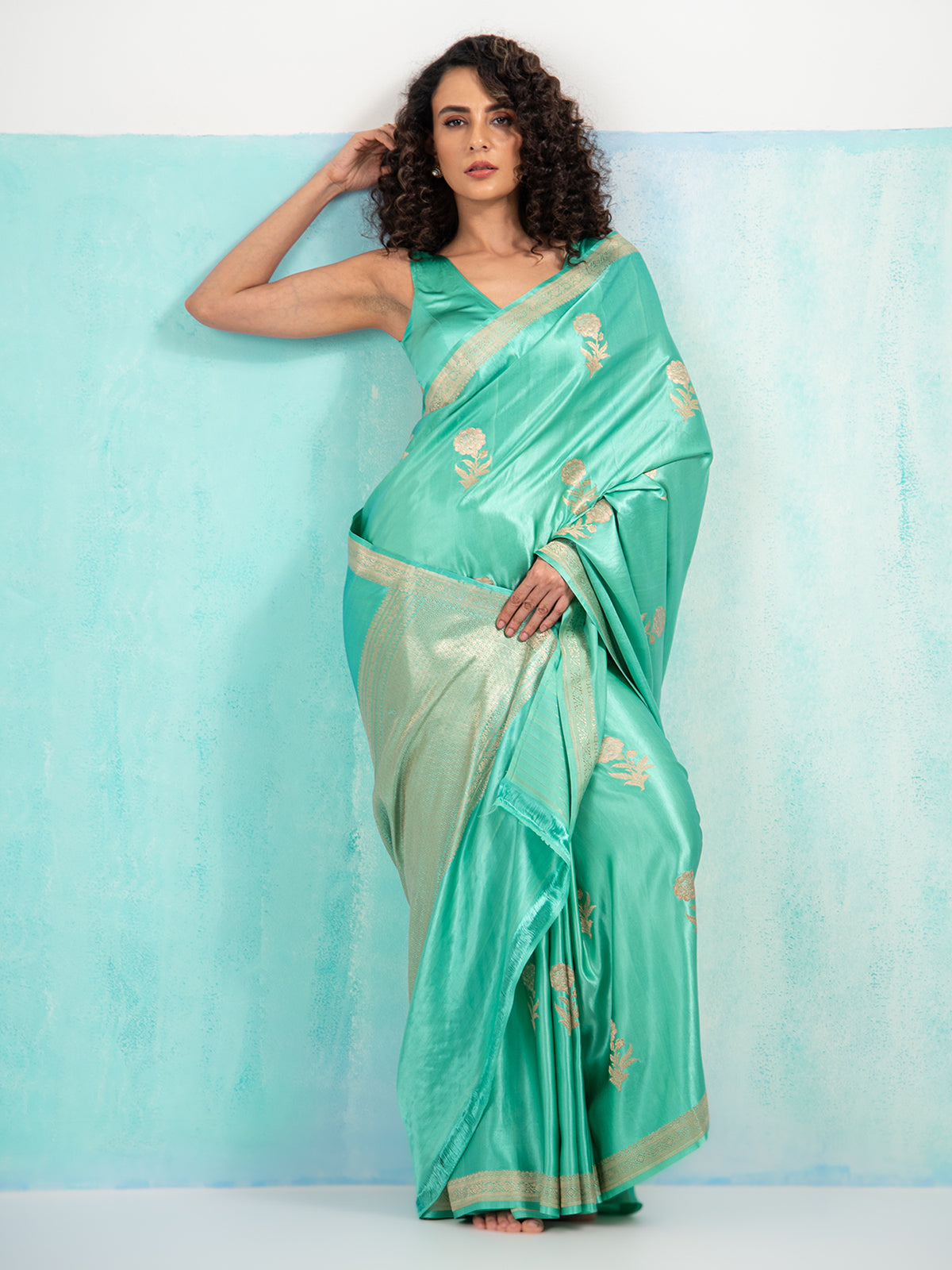 Sea Green Sona Roopa Boota Satin Silk Handloom Banarasi Saree - Sacred Weaves
