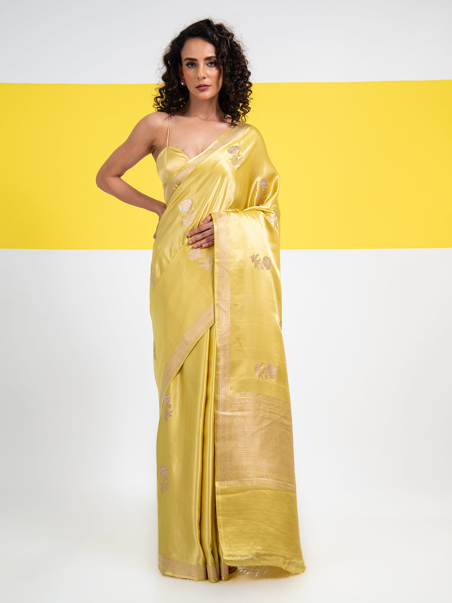 Lime Yellow Sona Roopa Boota Satin Silk Handloom Banarasi Saree - Sacred Weaves