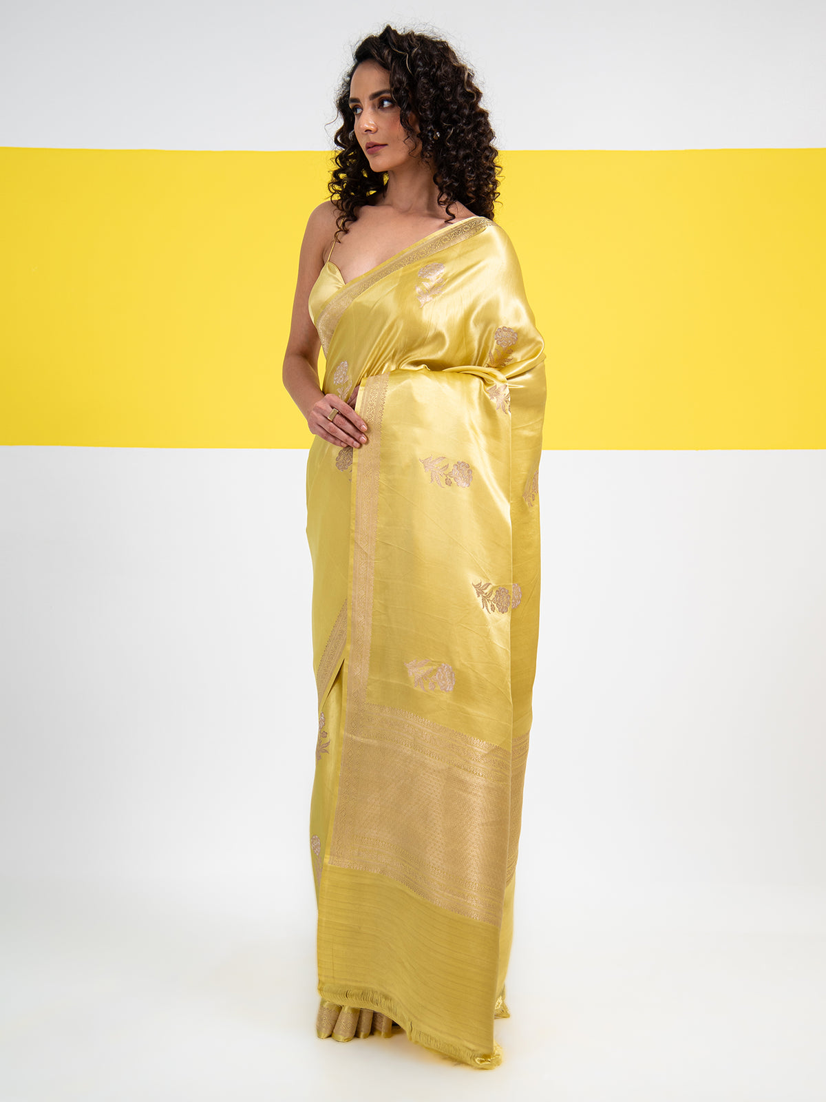 Lime Yellow Sona Roopa Boota Satin Silk Handloom Banarasi Saree - Sacred Weaves