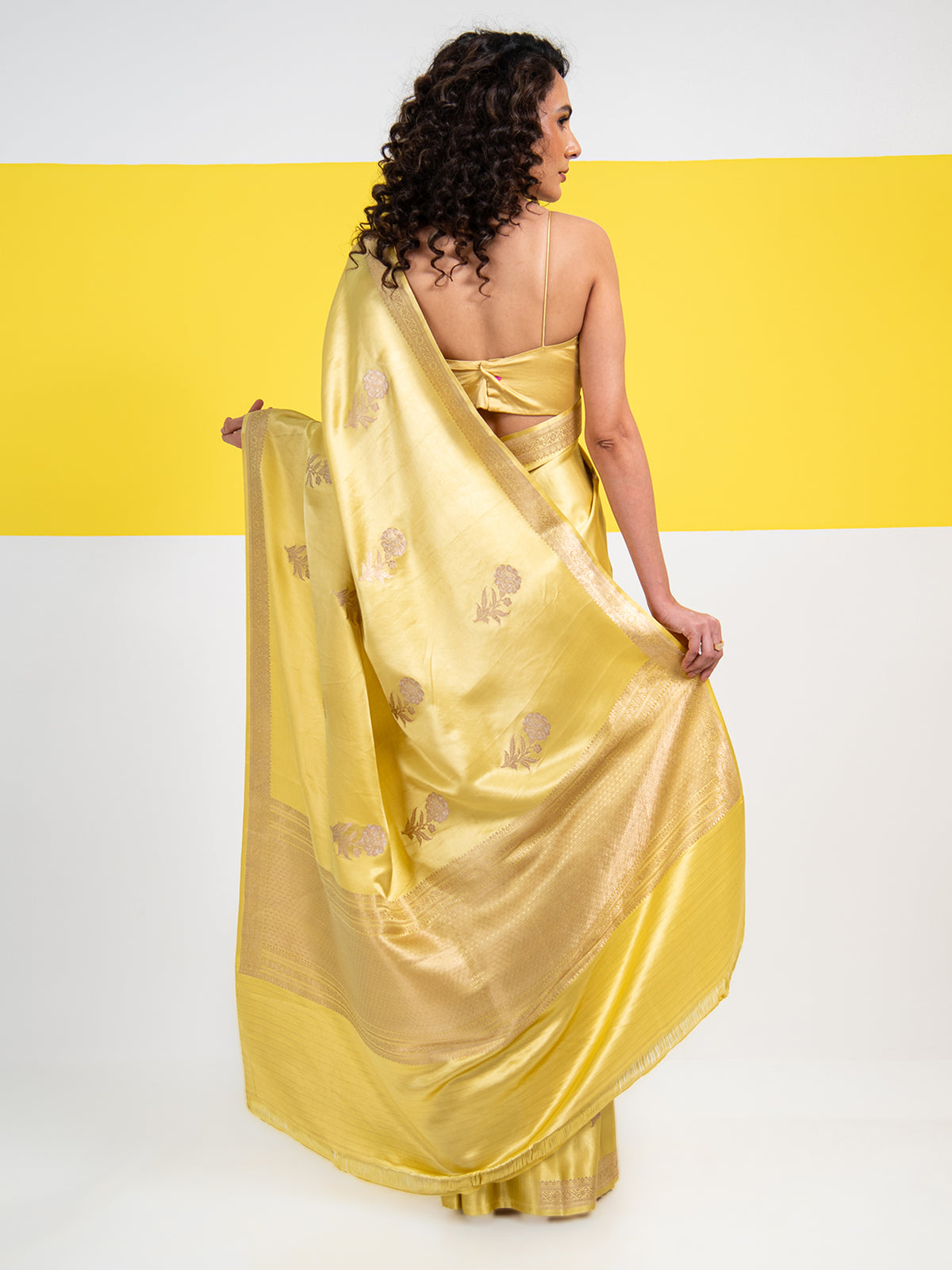 Lime Yellow Sona Roopa Boota Satin Silk Handloom Banarasi Saree - Sacred Weaves