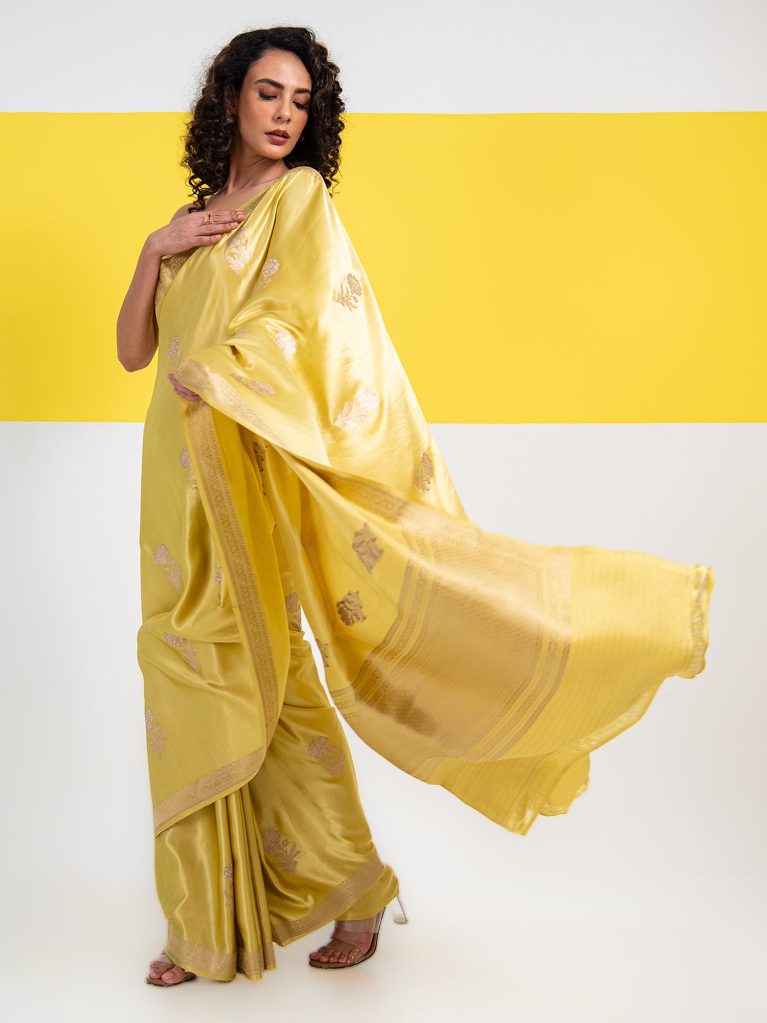Lime Yellow Sona Roopa Boota Satin Silk Handloom Banarasi Saree - Sacred Weaves
