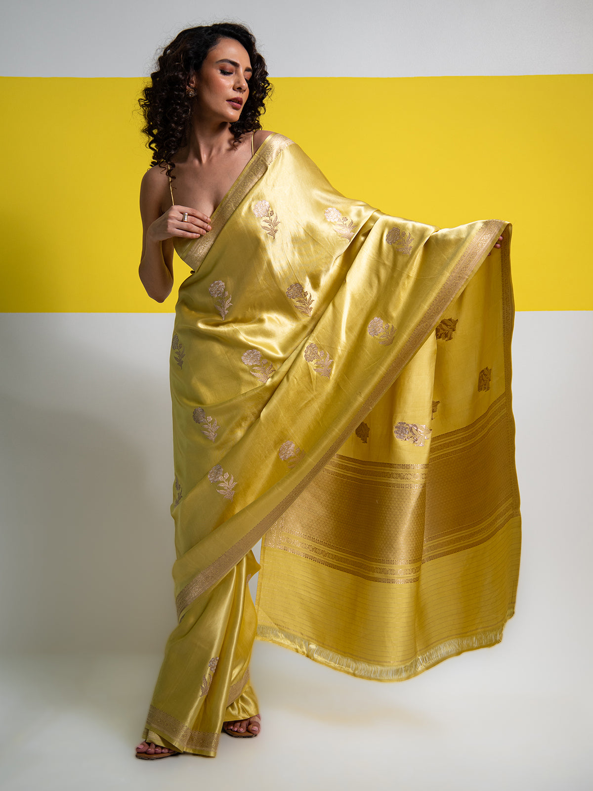 Lime Yellow Sona Roopa Boota Satin Silk Handloom Banarasi Saree - Sacred Weaves