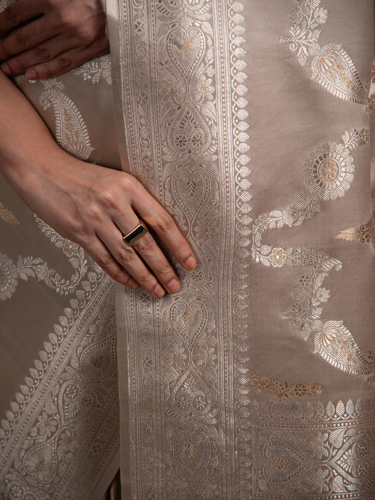 Grey Satin Sona Roopa Jaal Handloom Banarasi Saree - Sacred Weaves