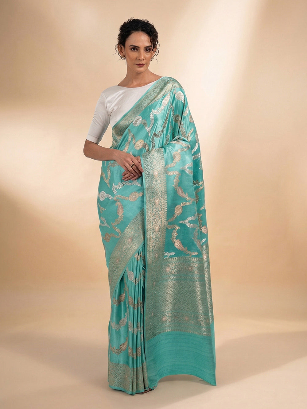 Aqua Green Satin Sona Roopa Jaal Handloom Banarasi Saree- Sacred Weaves