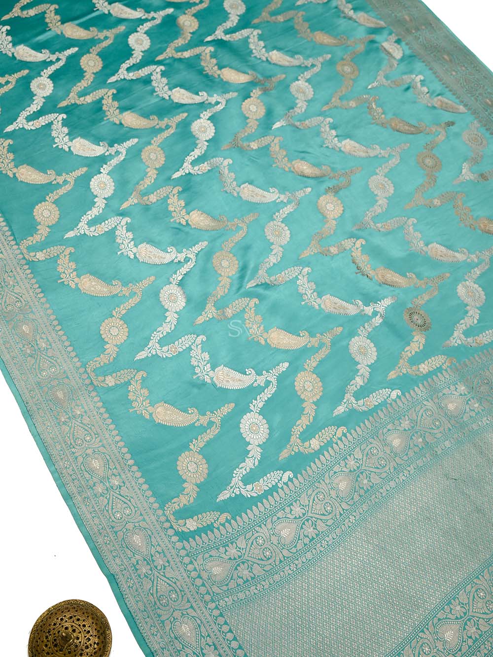 Aqua Green Satin Sona Roopa Jaal Handloom Banarasi Saree- Sacred Weaves