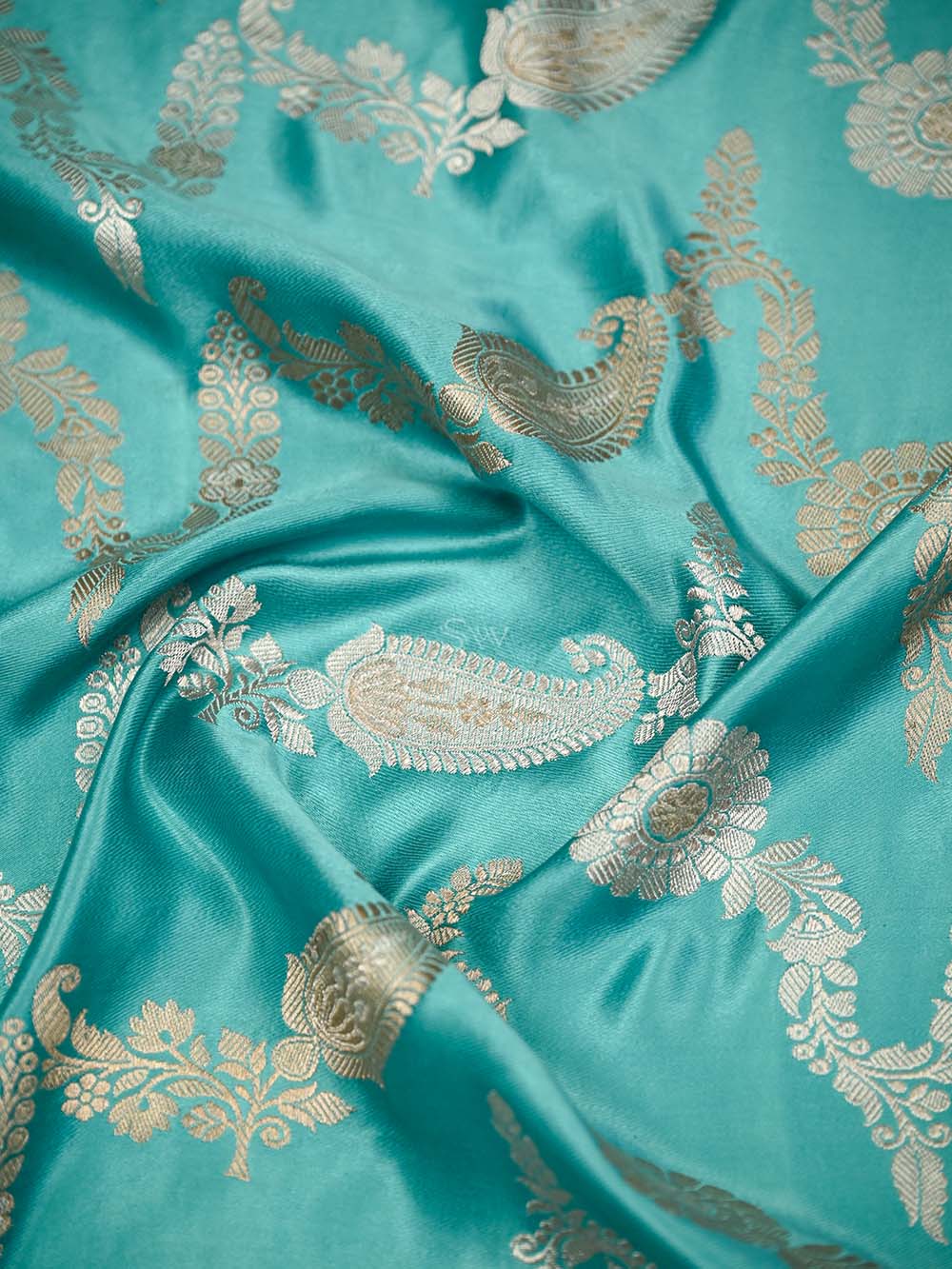 Aqua Green Satin Sona Roopa Jaal Handloom Banarasi Saree- Sacred Weaves