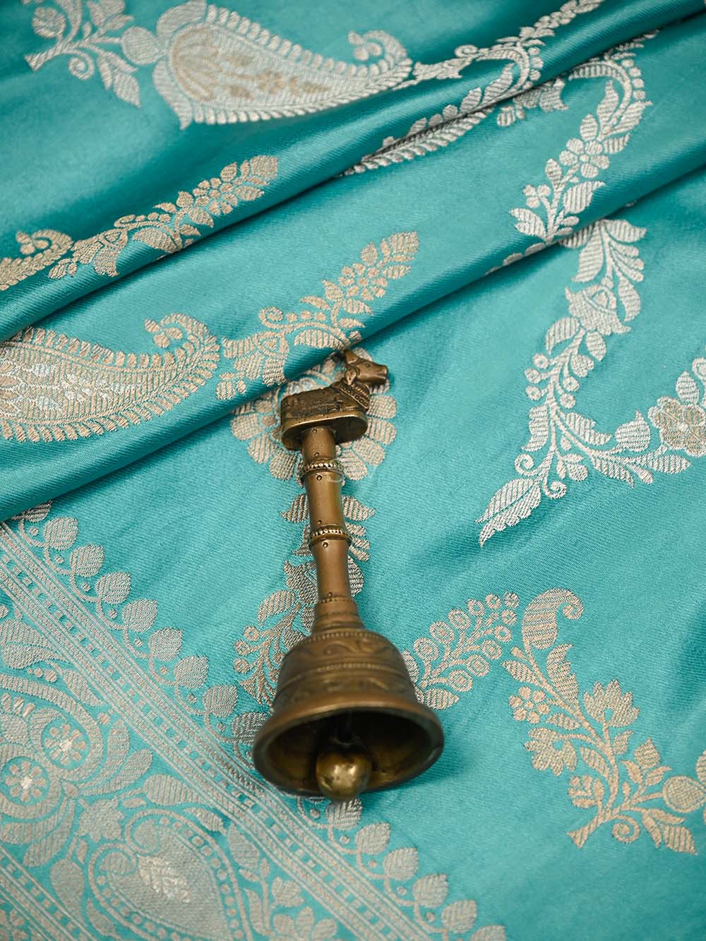 Aqua Green Satin Sona Roopa Jaal Handloom Banarasi Saree- Sacred Weaves