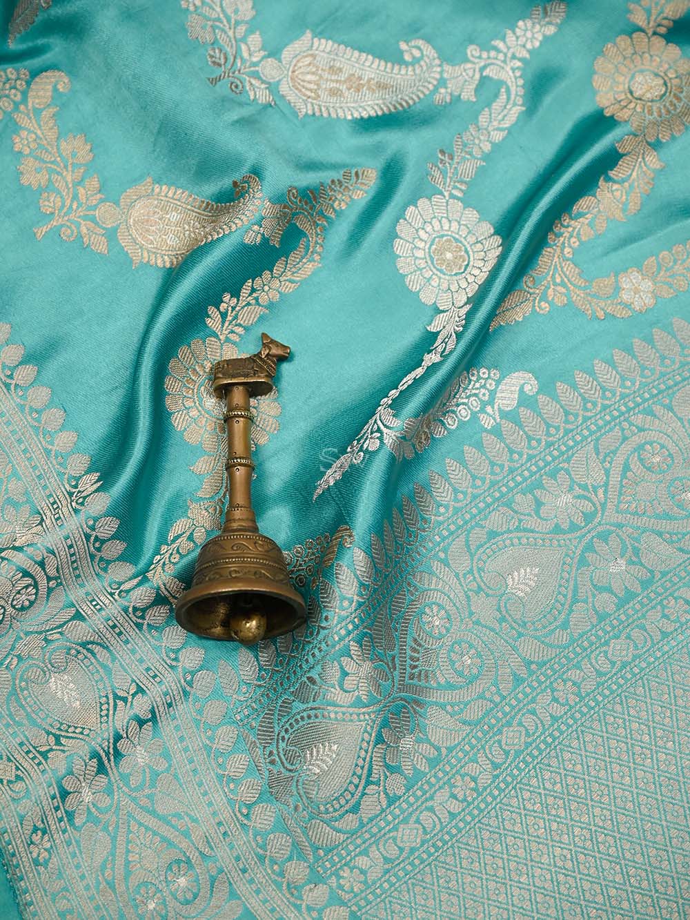 Aqua Green Satin Sona Roopa Jaal Handloom Banarasi Saree- Sacred Weaves