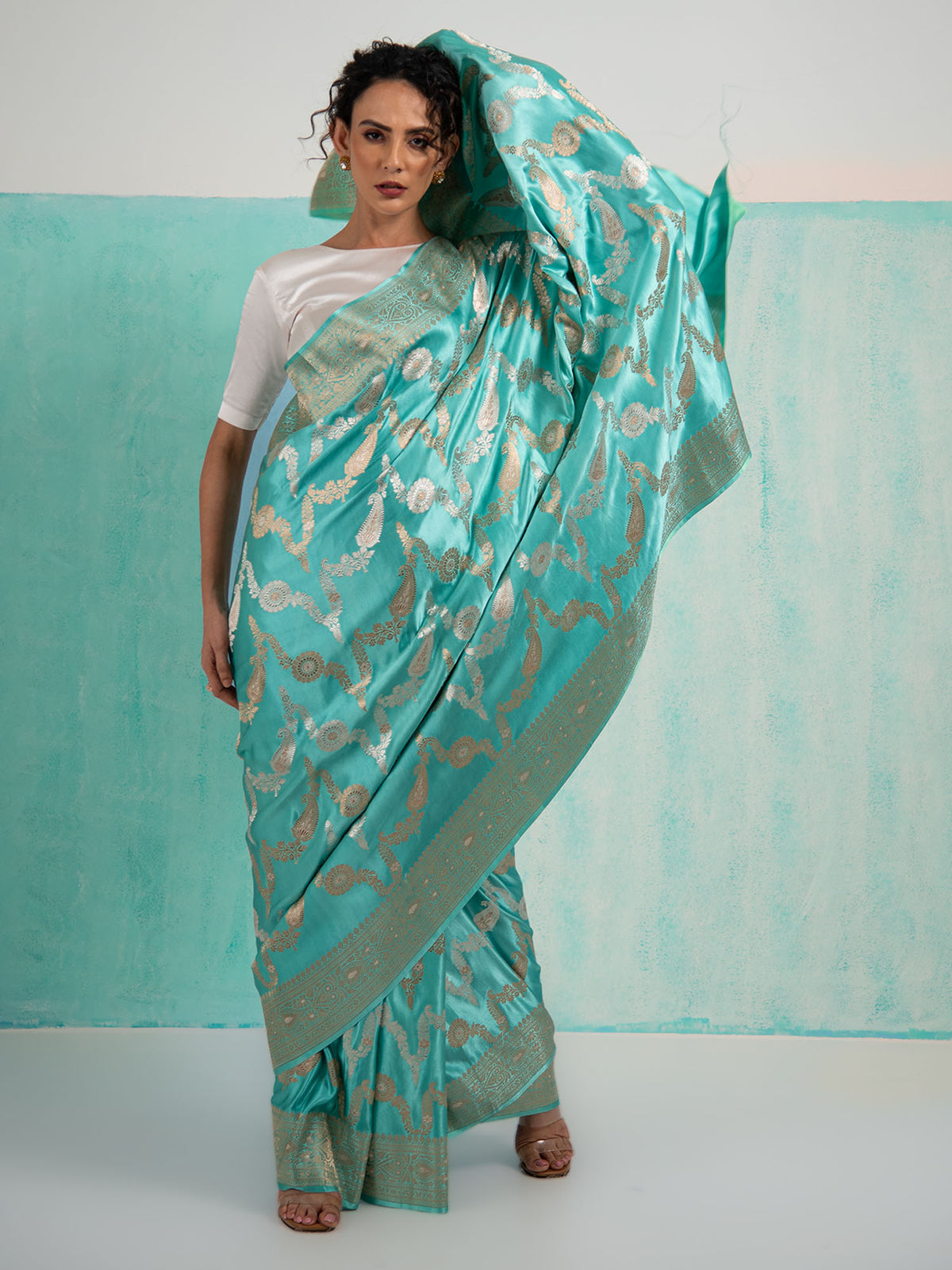 Aqua Green Satin Sona Roopa Jaal Handloom Banarasi Saree - Sacred Weaves