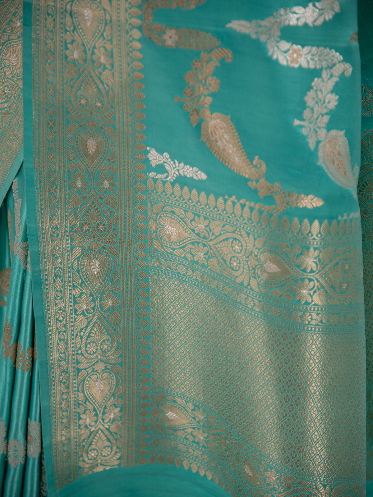 Aqua Green Satin Sona Roopa Jaal Handloom Banarasi Saree - Sacred Weaves