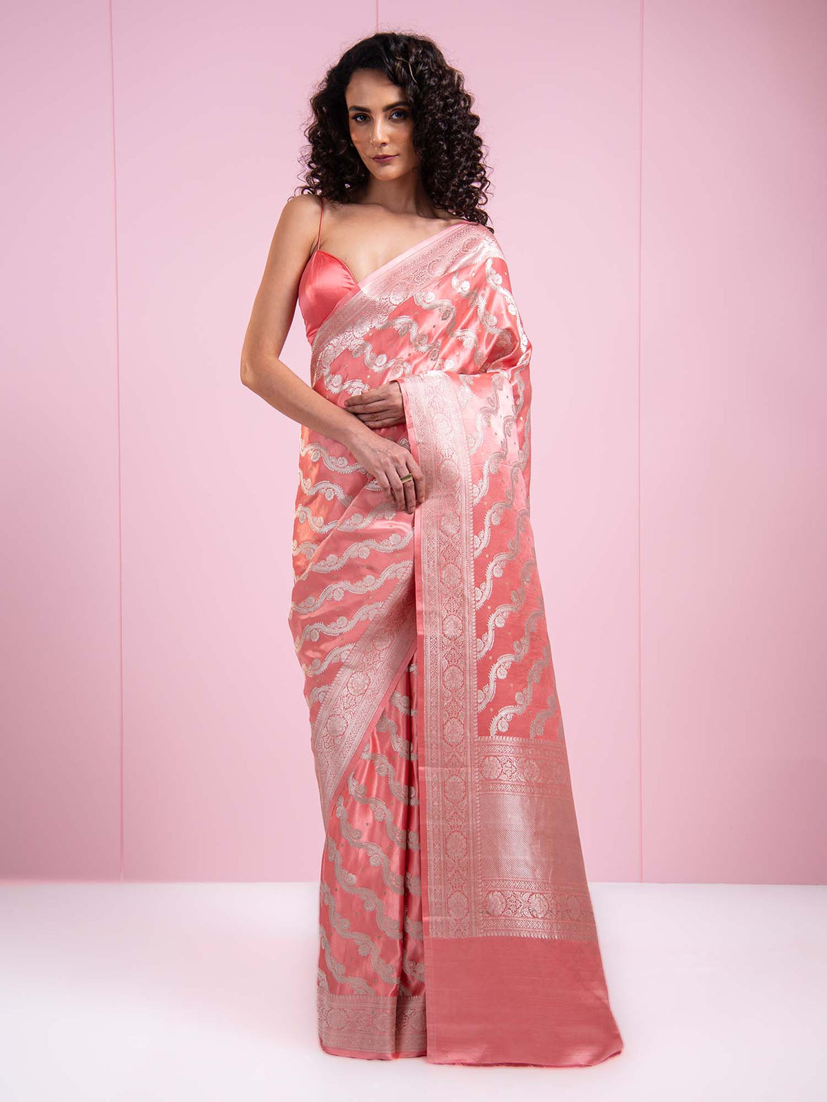 Coral Pink Satin Sona Roopa Jaal Handloom Banarasi Saree - Sacred Weaves