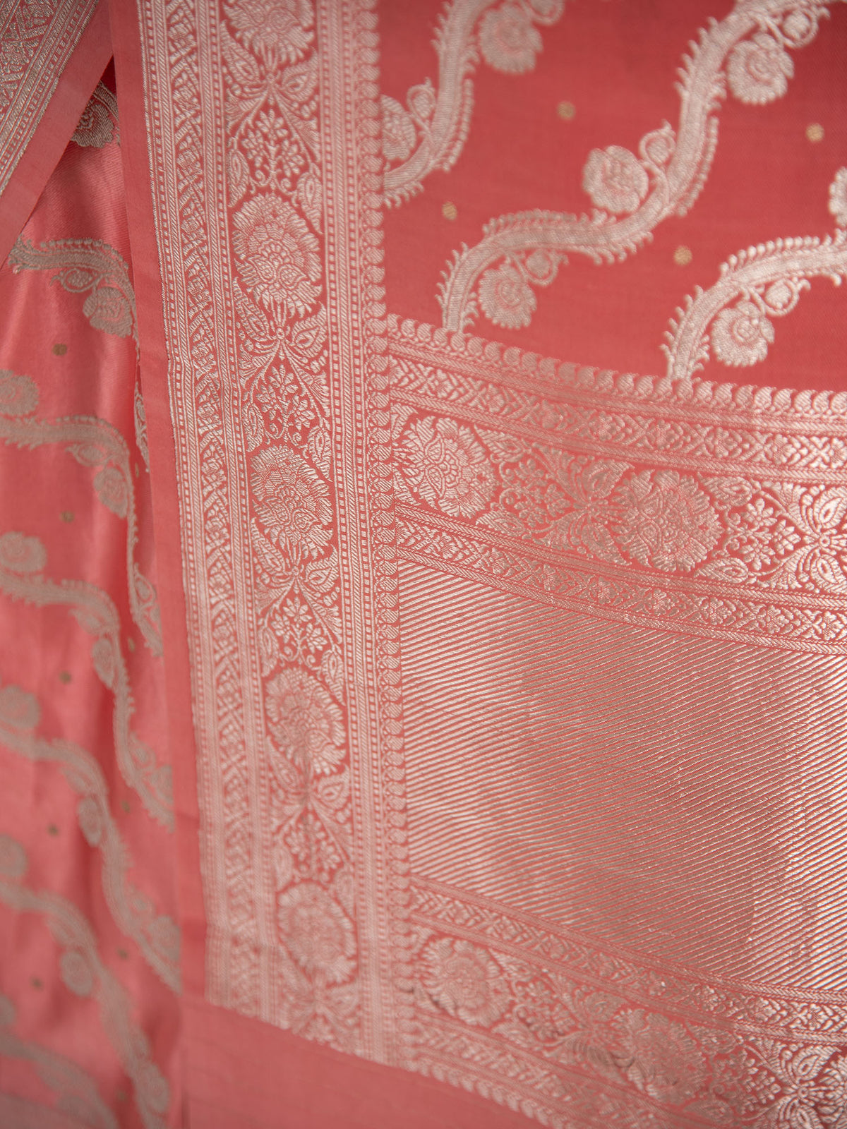 Coral Pink Satin Sona Roopa Jaal Handloom Banarasi Saree - Sacred Weaves