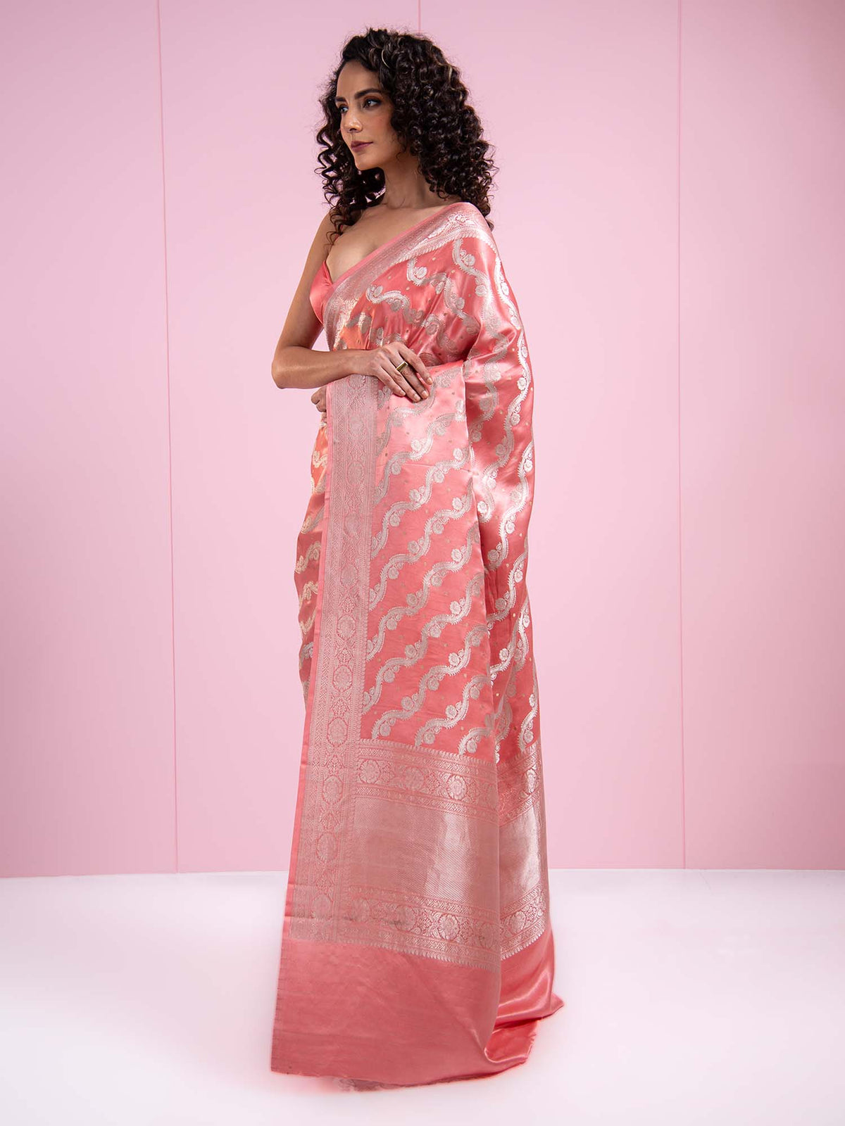 Coral Pink Satin Sona Roopa Jaal Handloom Banarasi Saree - Sacred Weaves