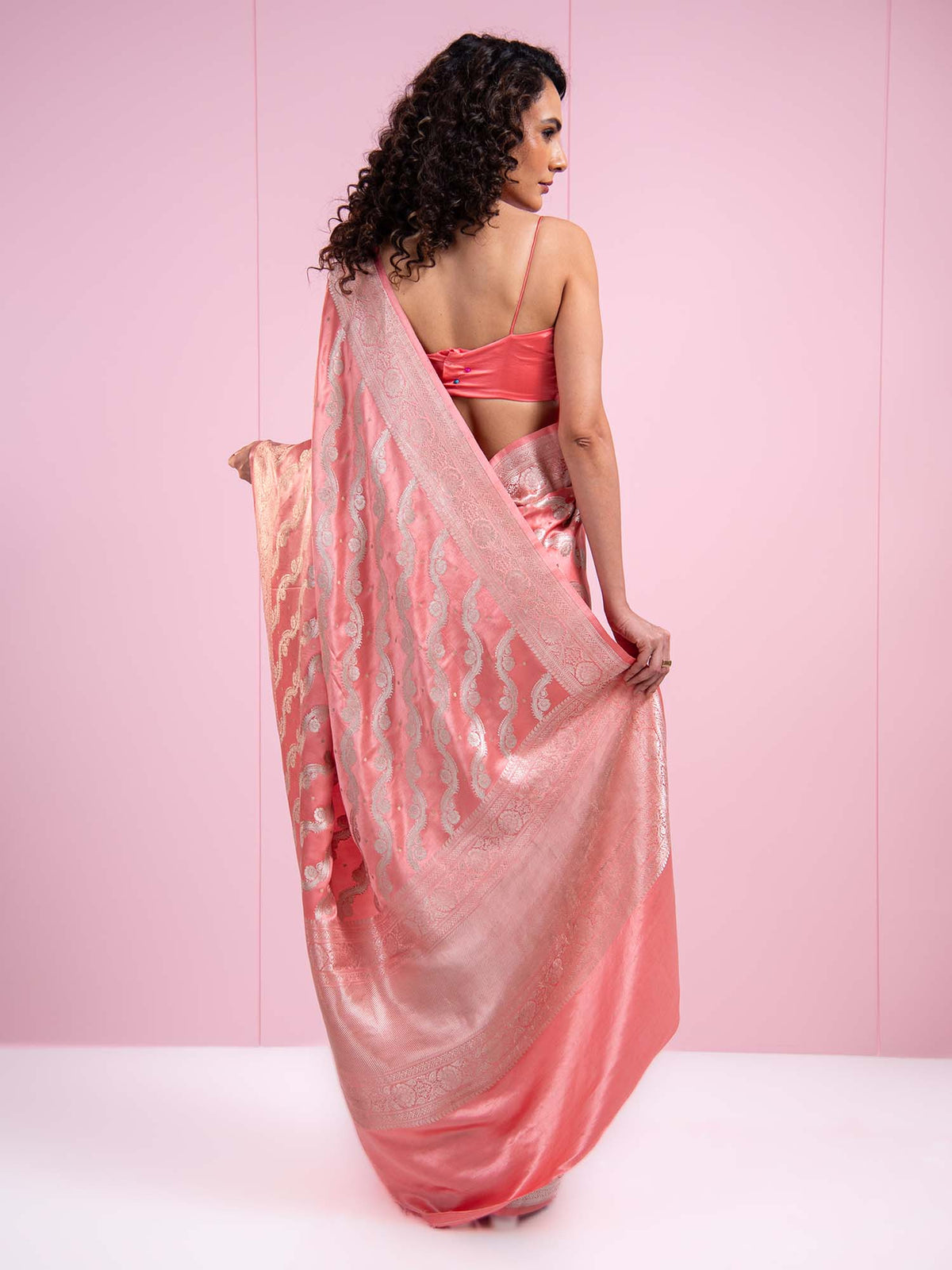 Coral Pink Satin Sona Roopa Jaal Handloom Banarasi Saree - Sacred Weaves
