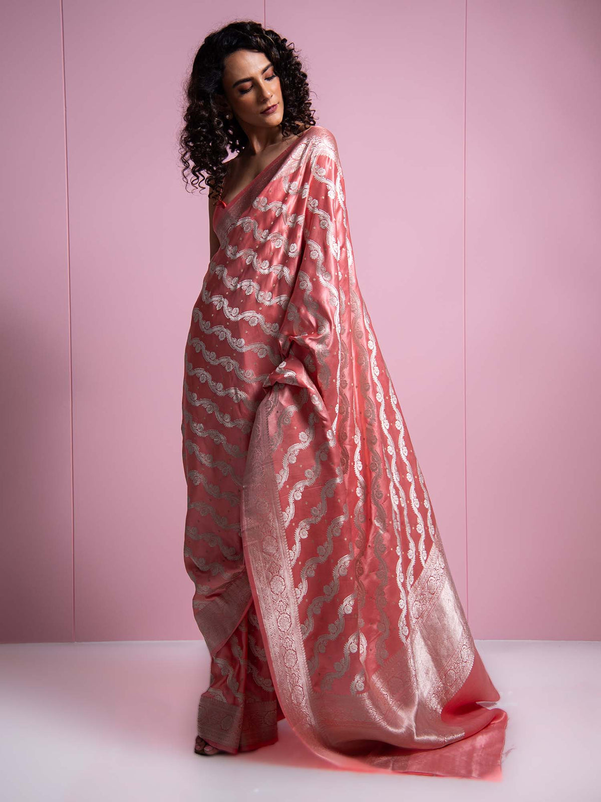 Coral Pink Satin Sona Roopa Jaal Handloom Banarasi Saree - Sacred Weaves