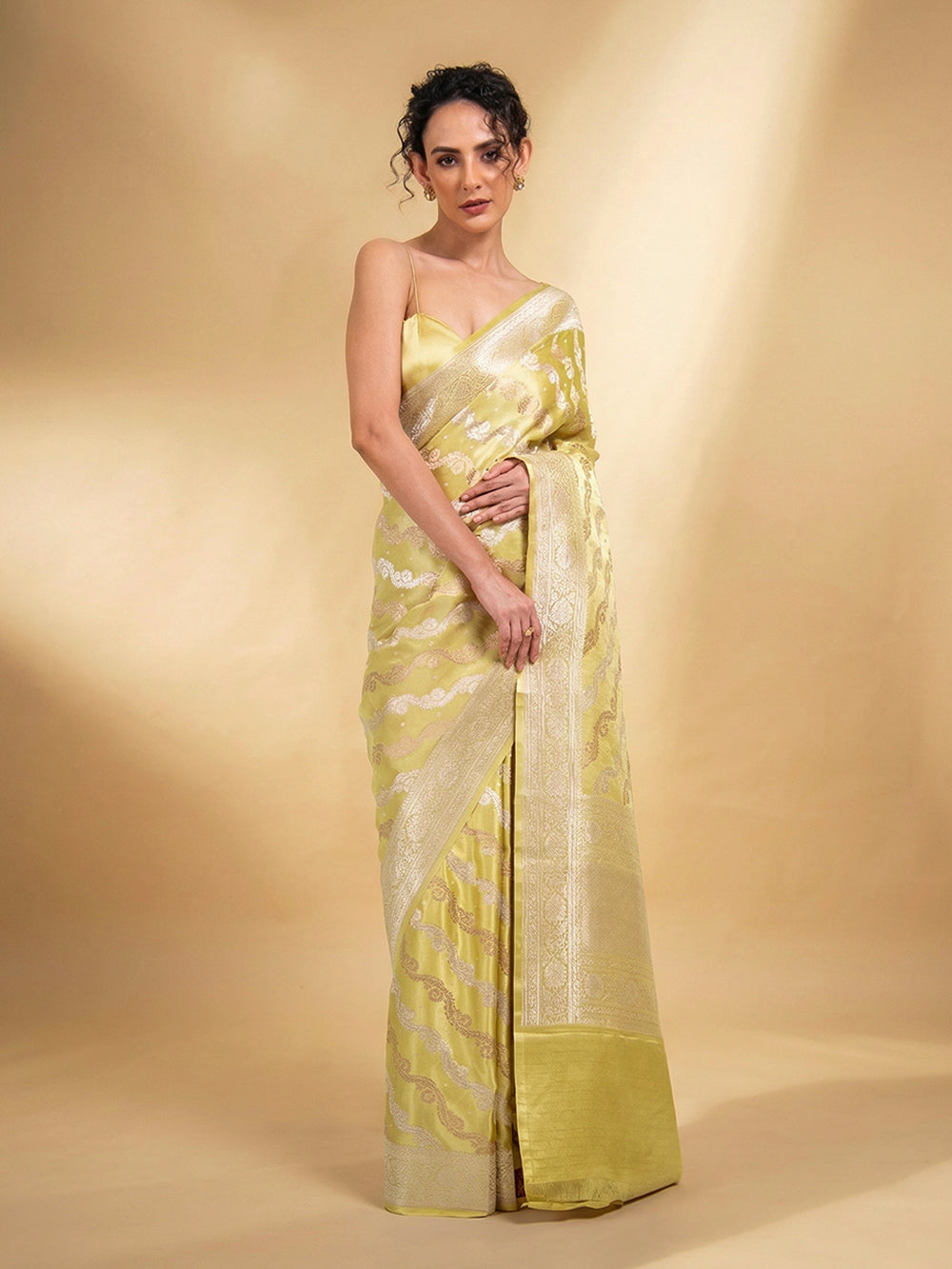 Lime Yellow Satin Sona Roopa Jaal Handloom Banarasi Saree - Sacred Weaves