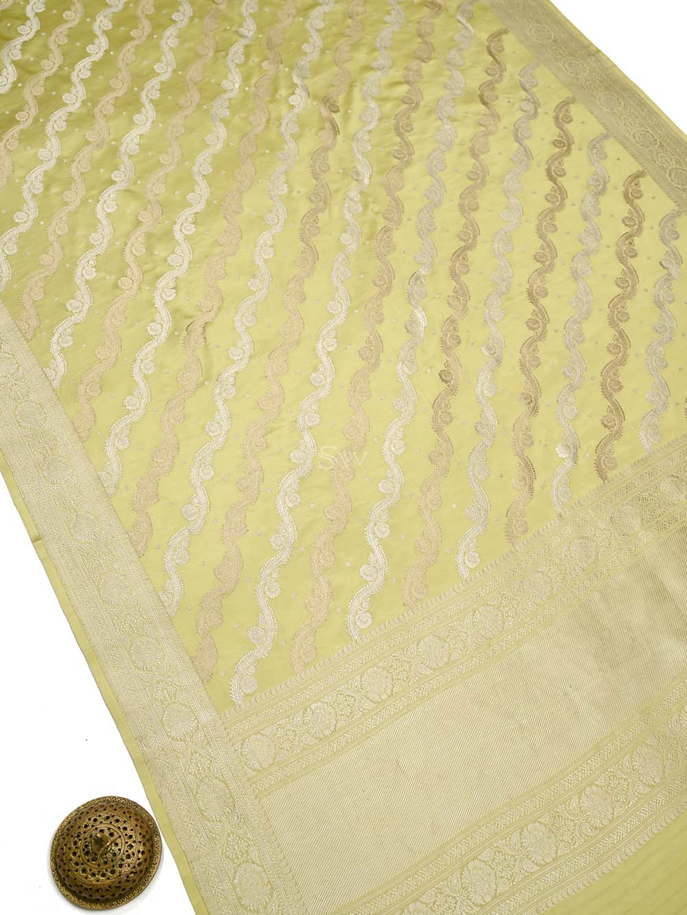 Lime Yellow Satin Sona Roopa Jaal Handloom Banarasi Saree - Sacred Weaves